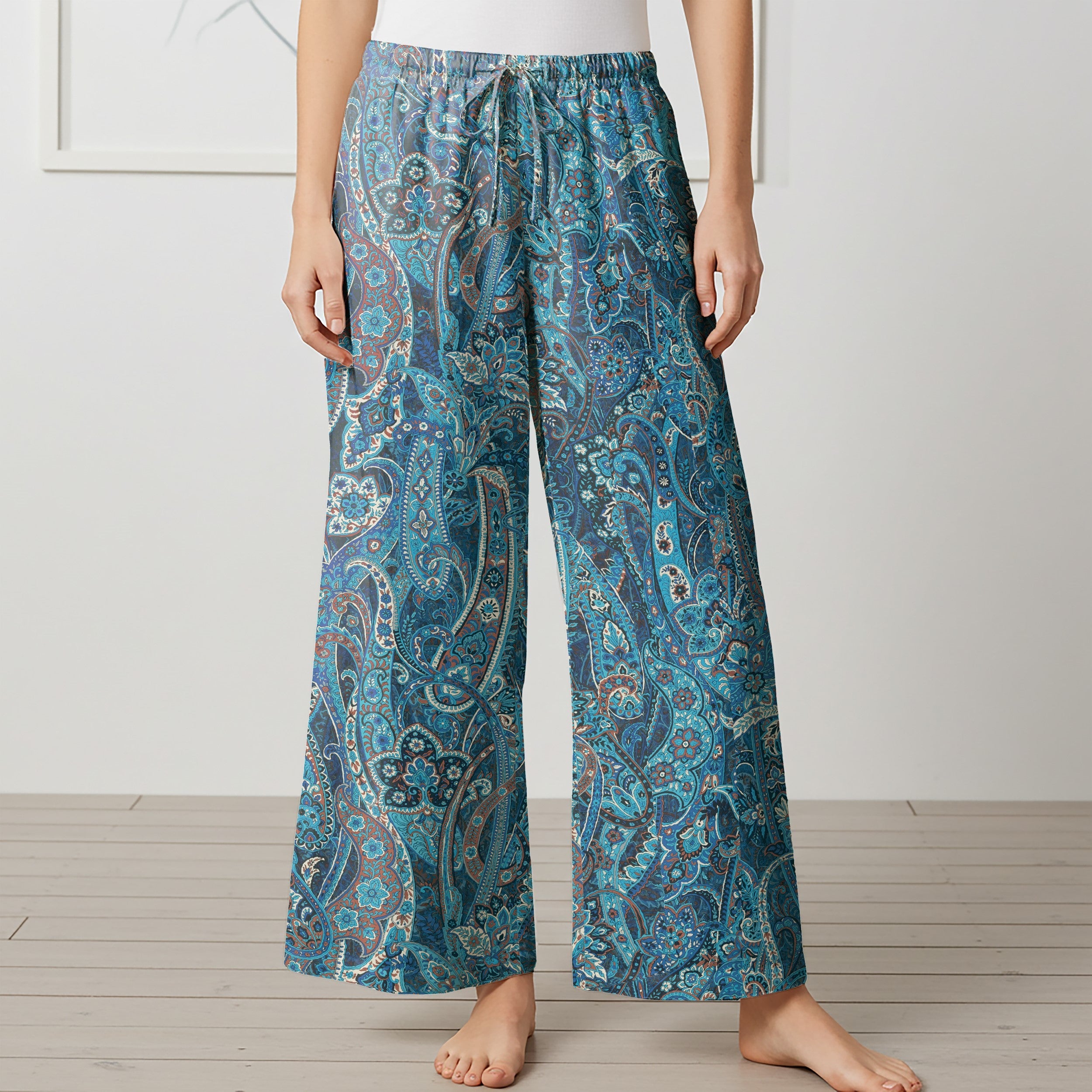 Women Casual Pants Lounge Elastic Waist Drawstring 93% Tencel 7% Linen Blue Aloha Bluesy Paisley