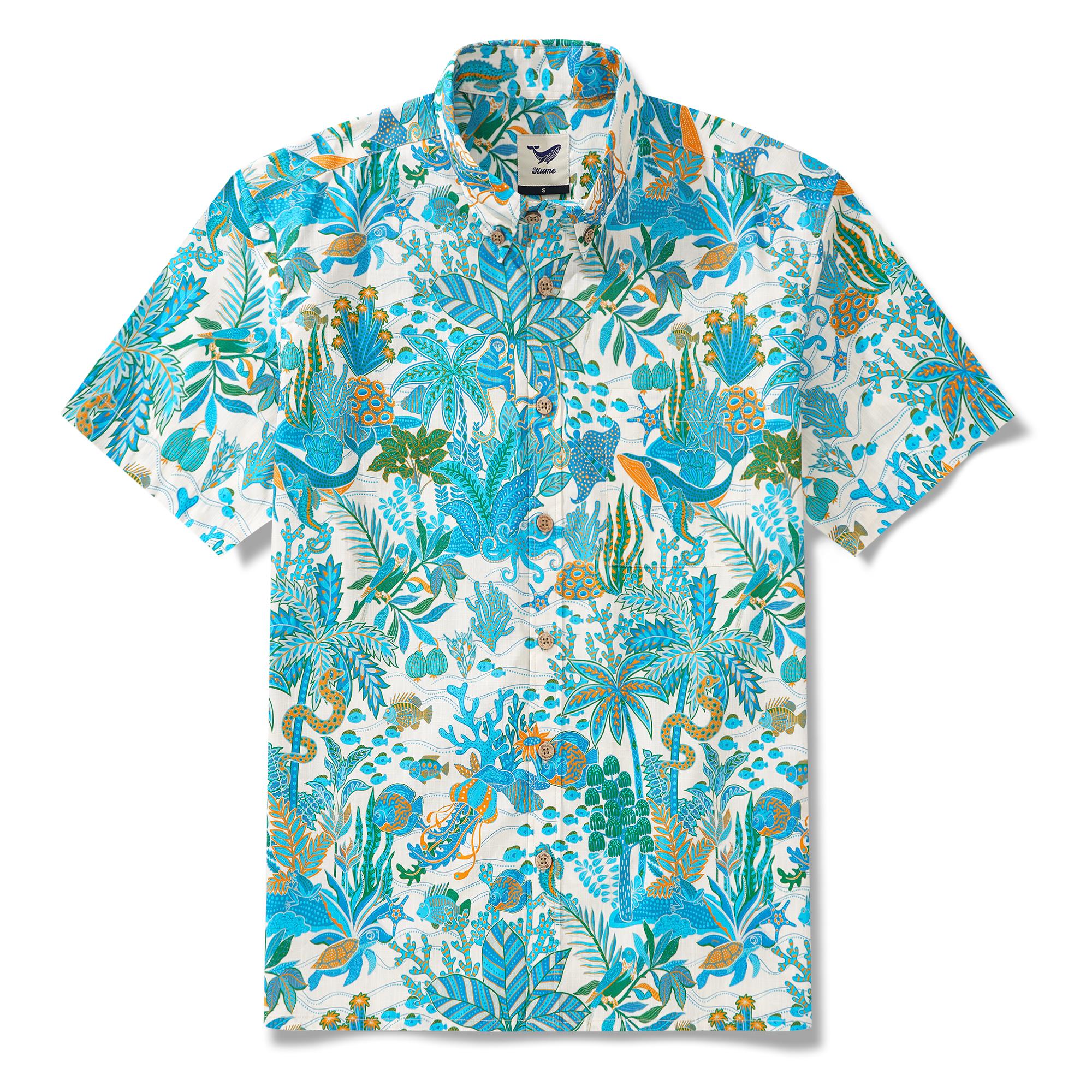 Men's Hawaiian Shirt Short Sleeve Button-down 100% Cotton Blue Aloha Fantasy Paradise