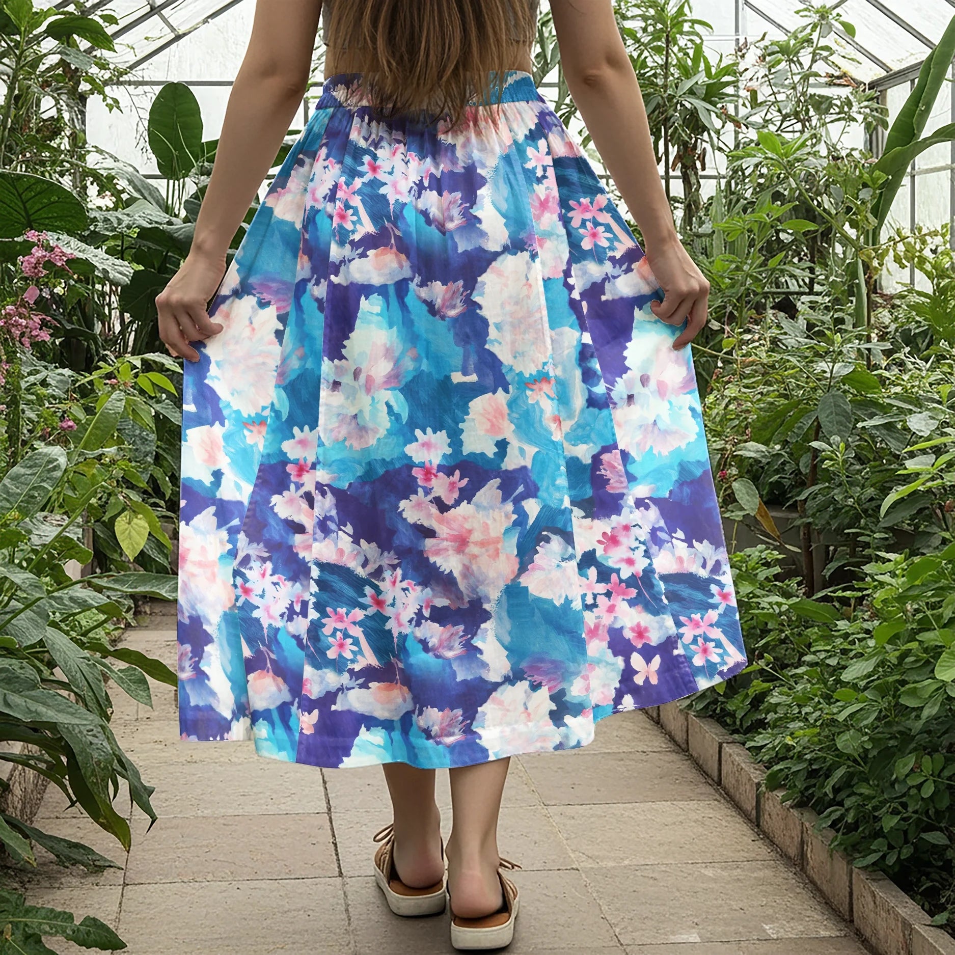 Women Casual Maxi Skirt Long Elastic Waist with Pockets 100% Cotton Blue Aloha Marine Bloom