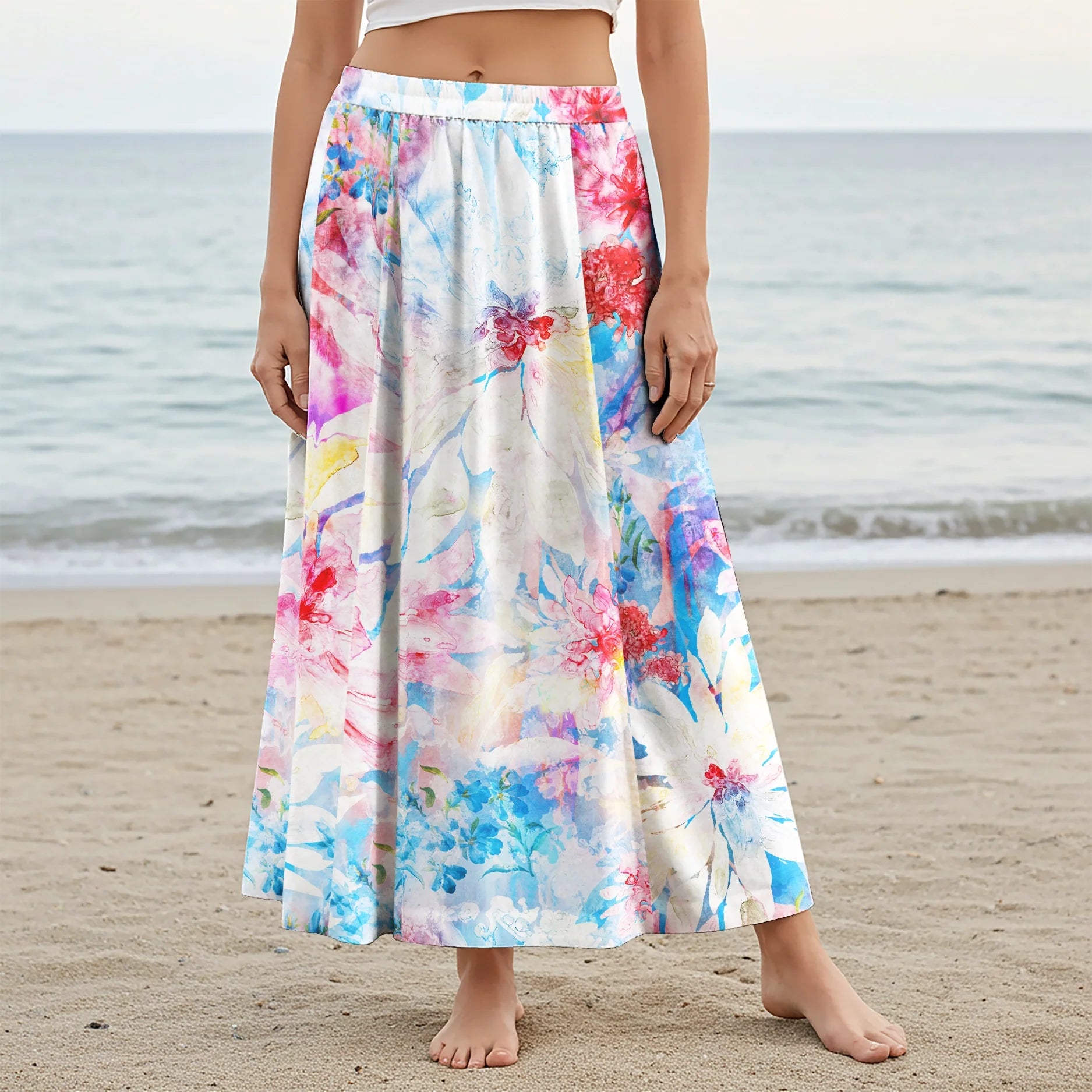 Women Casual Maxi Skirt Long Elastic Waist with Pockets 100% Cotton Blue Aloha Tie-dye Blossom