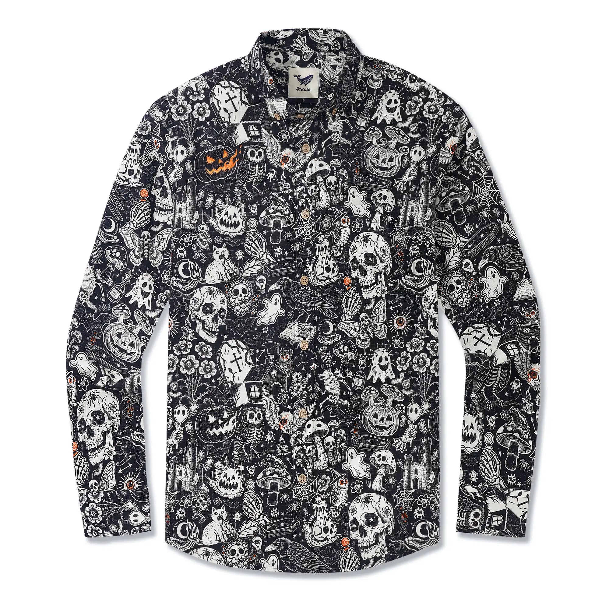Men's Hawaiian Shirt Long Sleeve Button-down 100% Cotton Black Aloha Halloween Bash