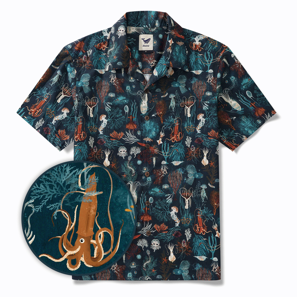 Men's Hawaiian Shirt Short Sleeve Camp Collar 100% Cotton Blue Aloha Underwater Love By Kristen