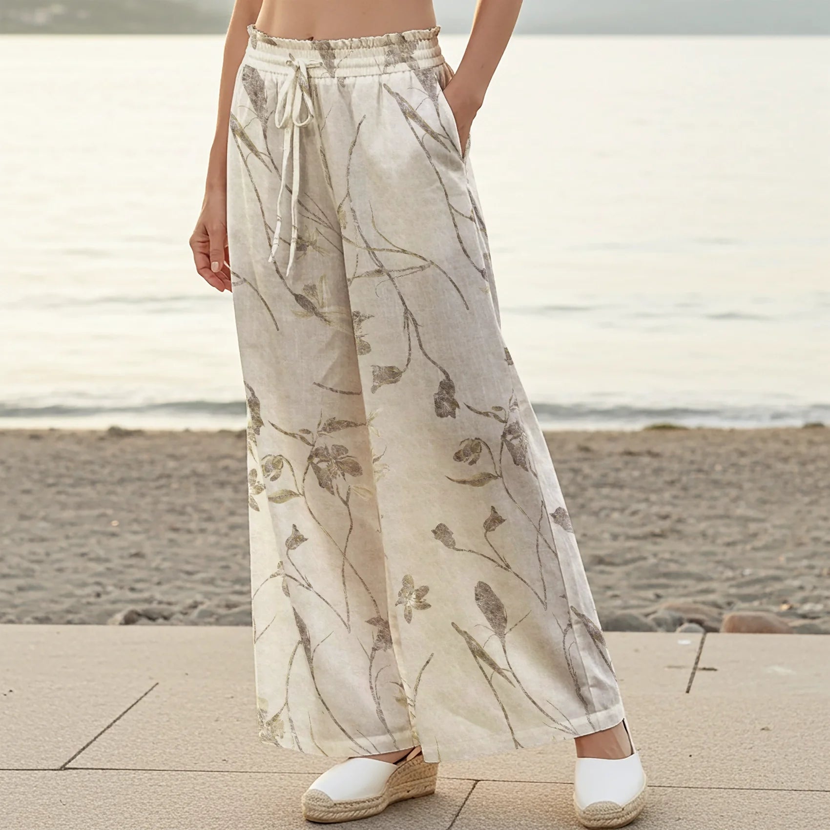 Women Casual Pants Lounge Elastic Waist Drawstring with Pockets 93% Tencel, 7% Linen Green Aloha Elegant Soft Florals