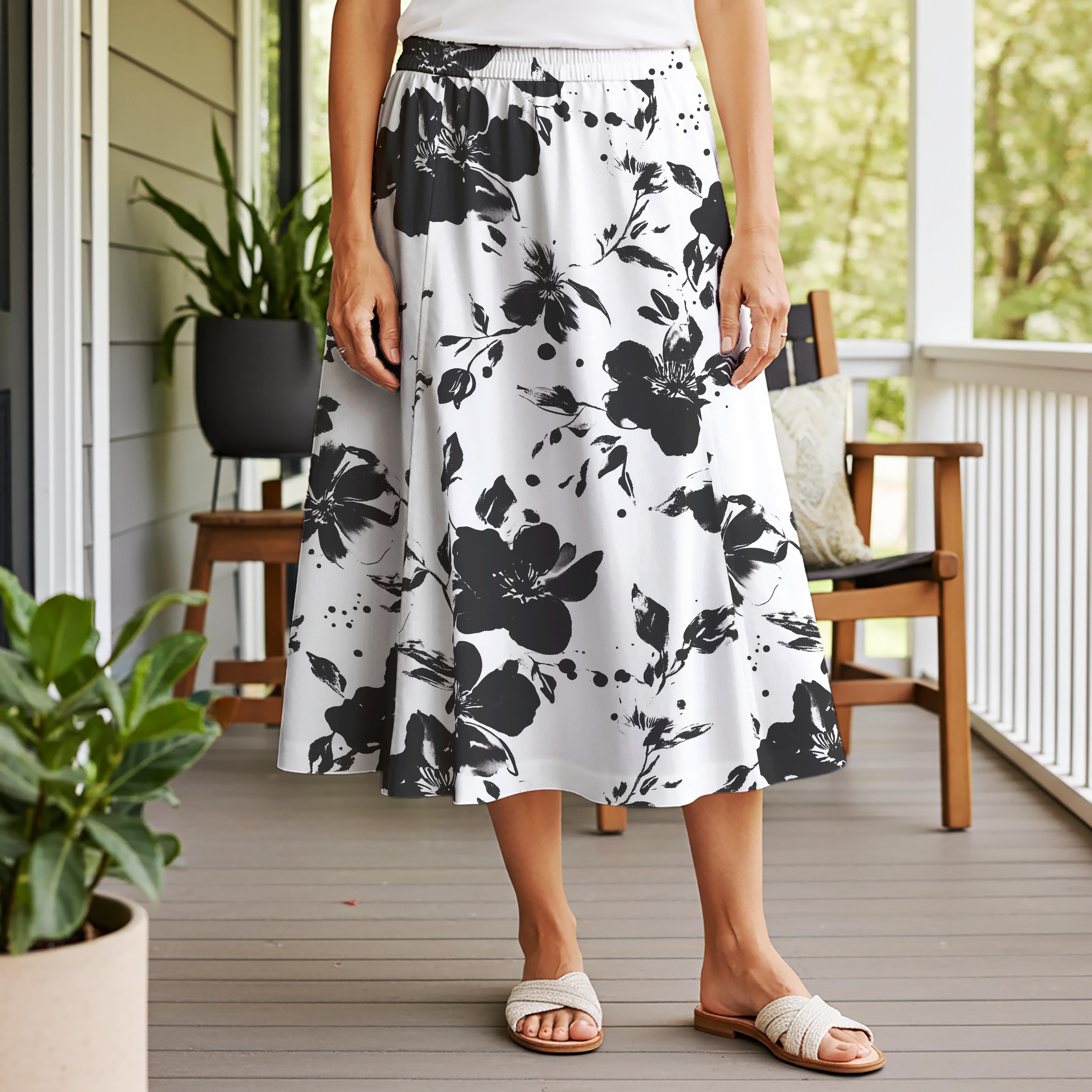 Women Casual Maxi Skirt Long Elastic Waist 100% Cotton Black Aloha Ink Essence