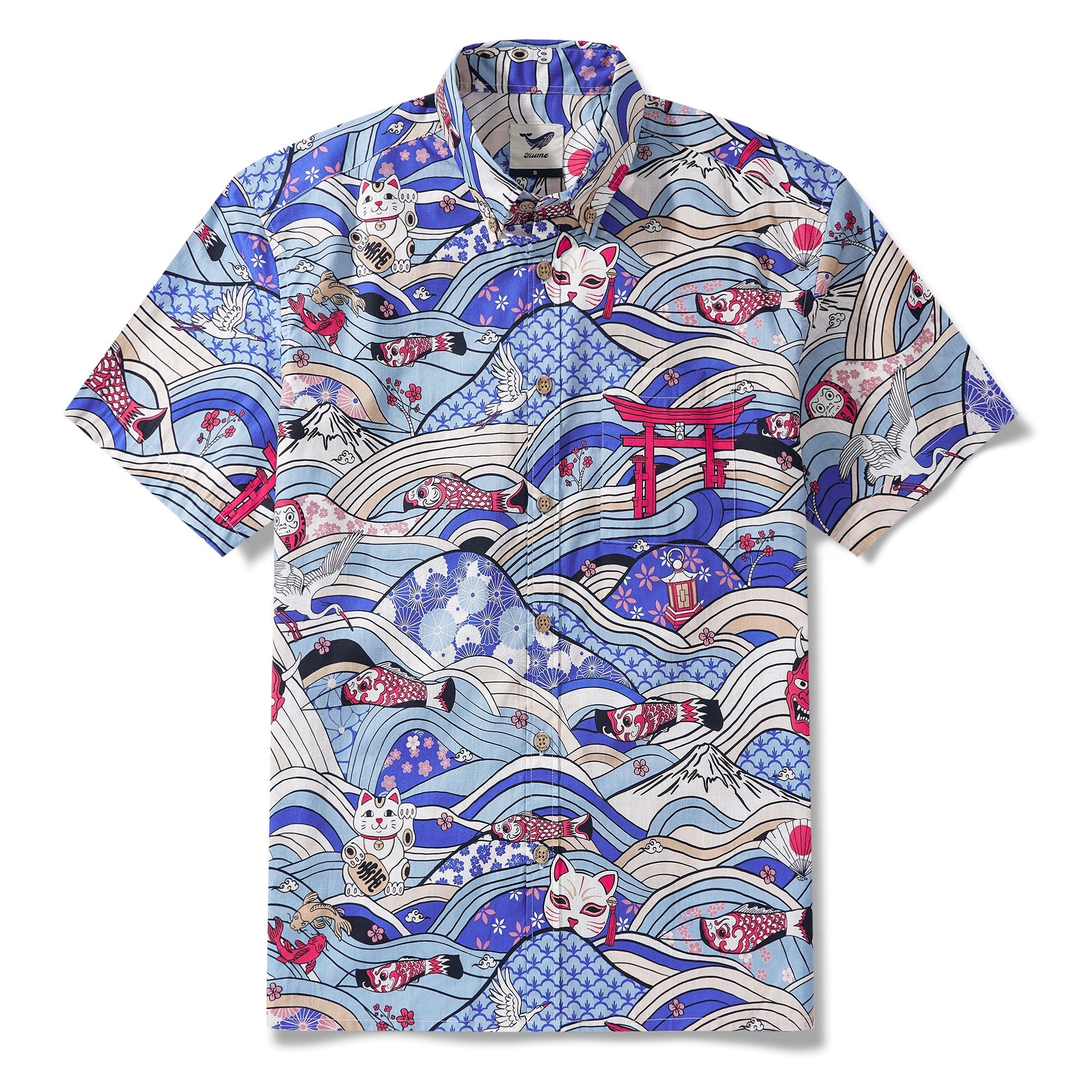 Men's Hawaiian Shirt Short Sleeve Button-down 100% Cotton Beige Aloha Neo-Ukiyo-e