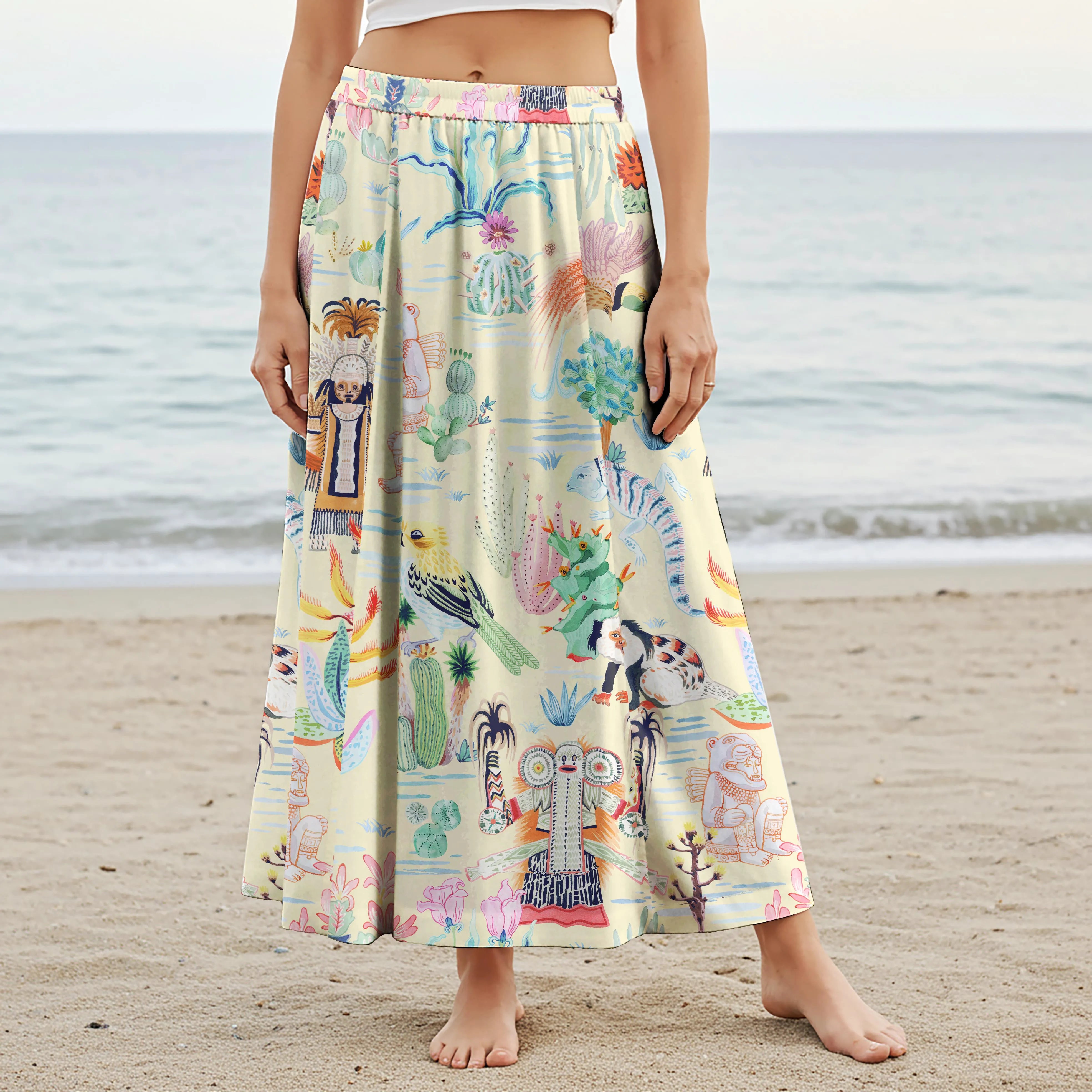 Women Casual Maxi Skirt Long Elastic Waist with Pockets 100% Cotton Green Aloha Tropical Fantasy Paradise
