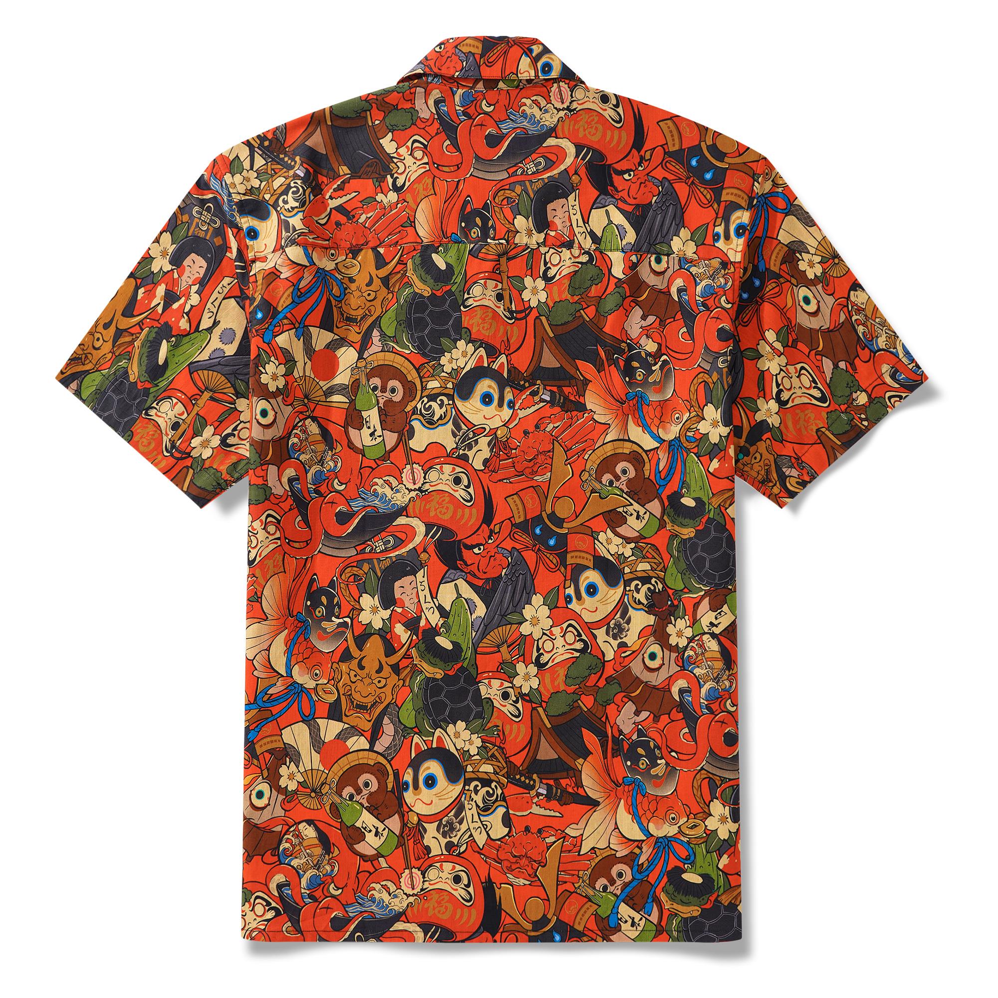 Men's Hawaiian Shirt Short Sleeve Camp Collar 100% Cotton Red Aloha Good Fortune Spirits