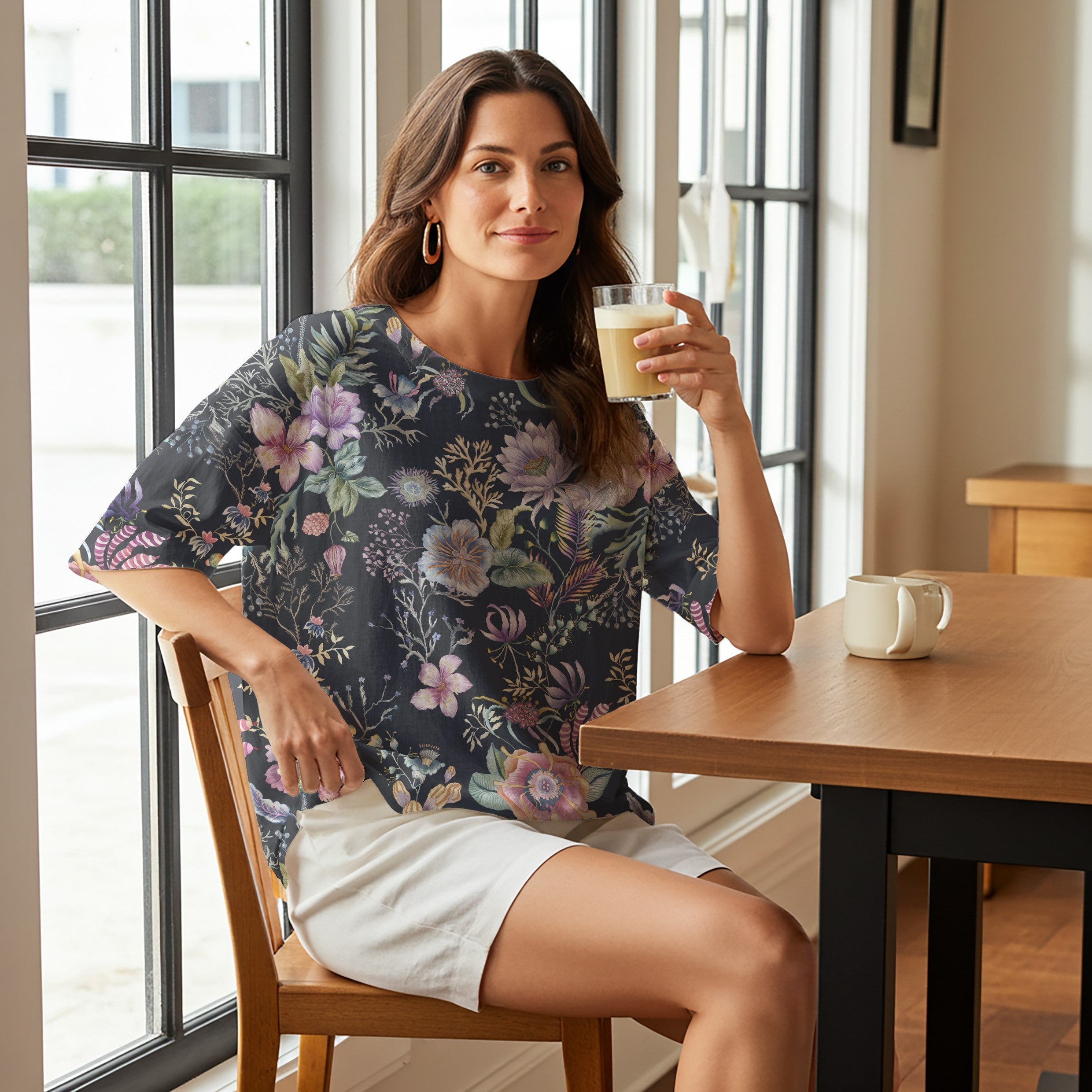 Women Casual Blouse 3/4 Sleeve Round Neck 95% Tencel, 5% Linen Blue Aloha Night Blossom Dream