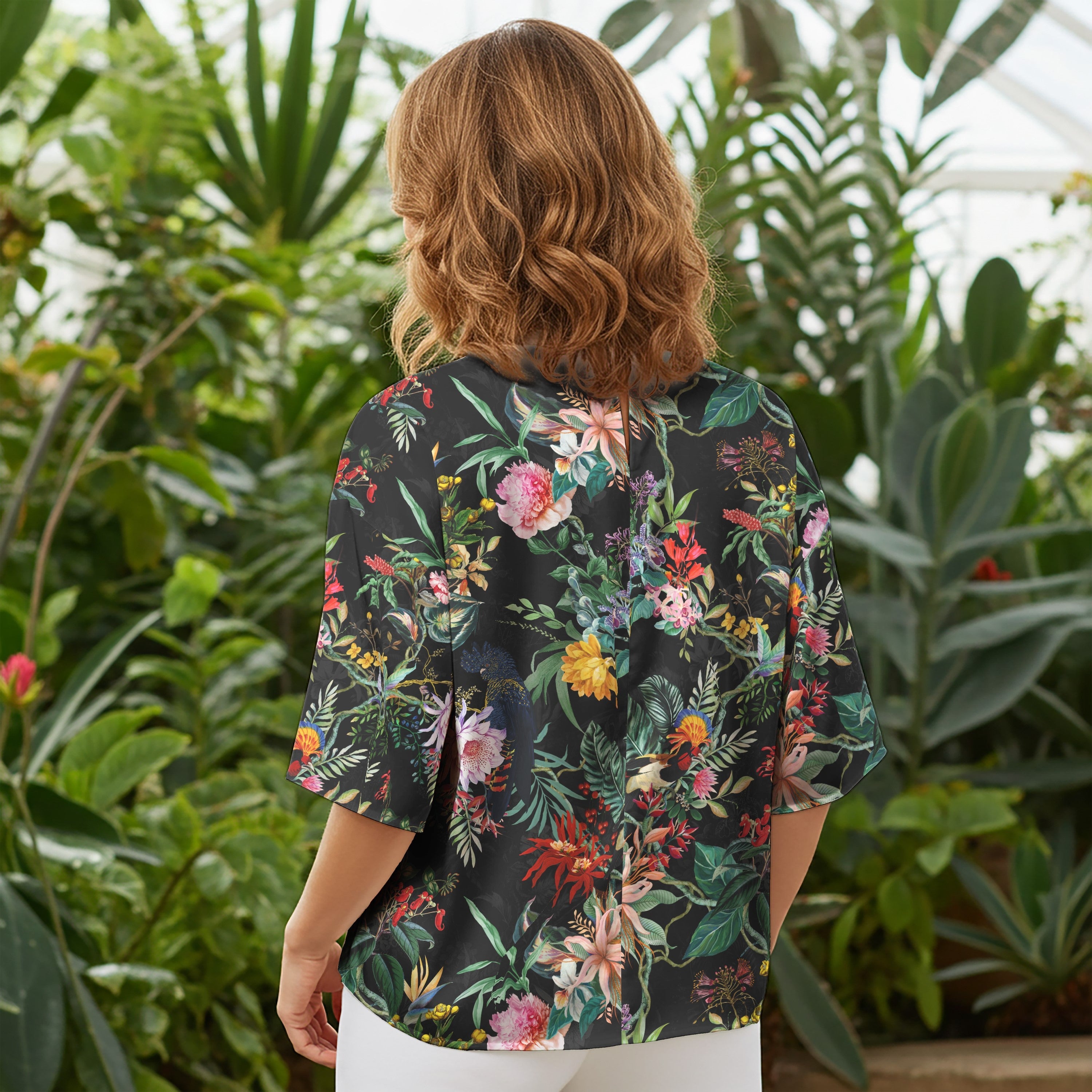 Women Casual Blouse Elbow Sleeves Round Neck Button-Back 100% Tencel Black Aloha Tropical Midnight Charm