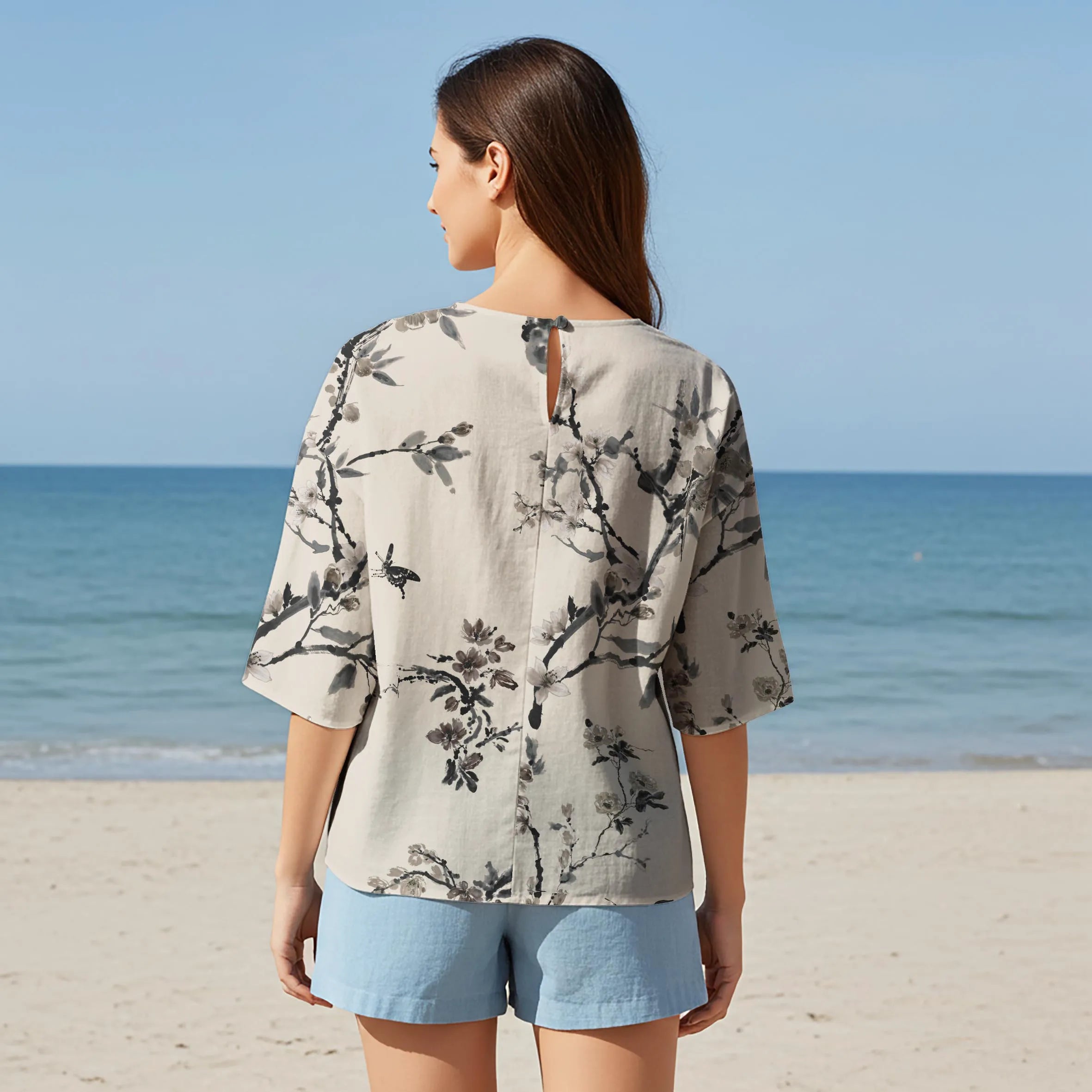 Women Casual Blouse Elbow Sleeve Round Neck Button-Back 95% Tencel, 5% Linen Gray Aloha Tranquil Ink Floral Art