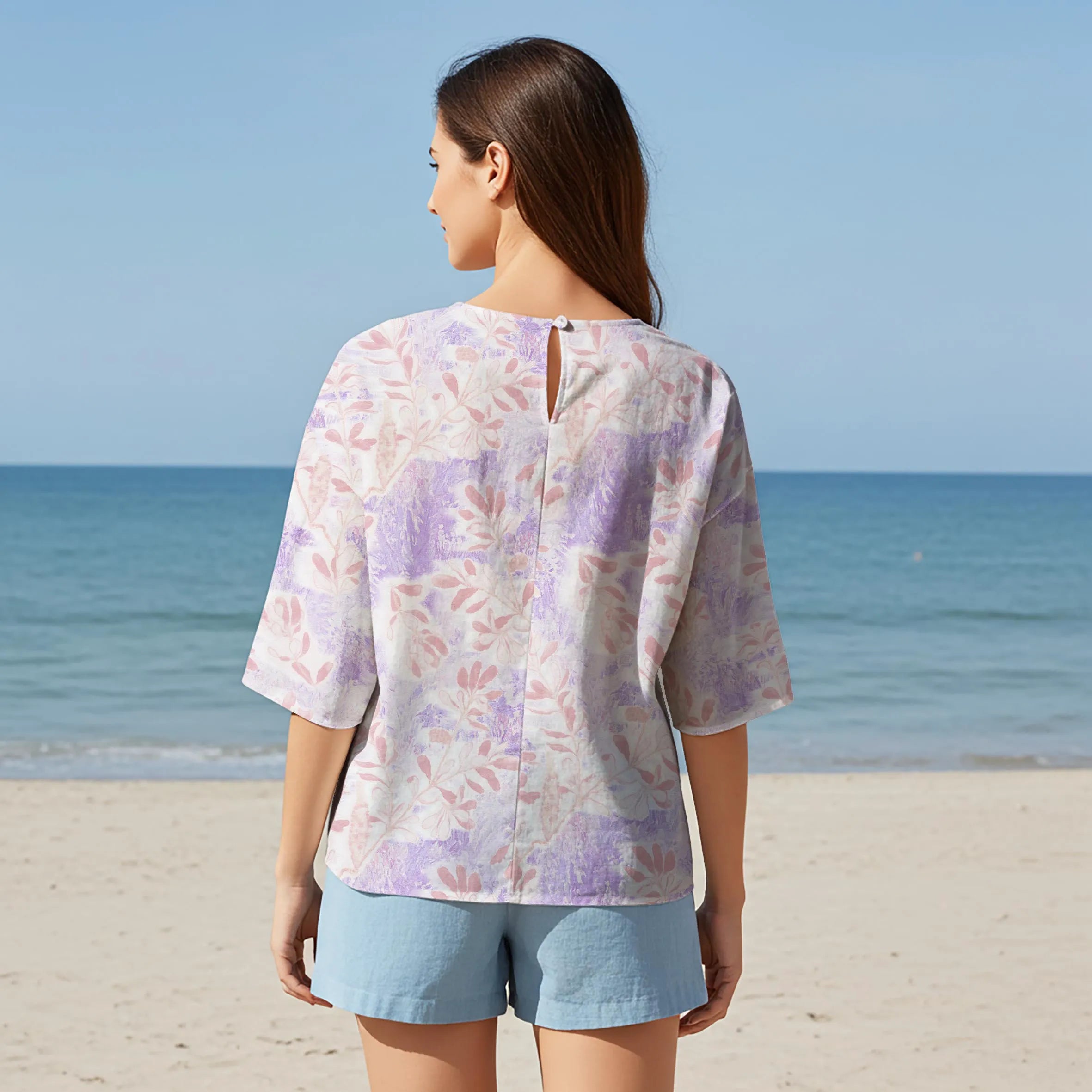 Women Casual Blouse Elbow Sleeve Round Neck Button-Back 95% Tencel, 5% Linen Purple Aloha Purple Mist Blooming Flowers