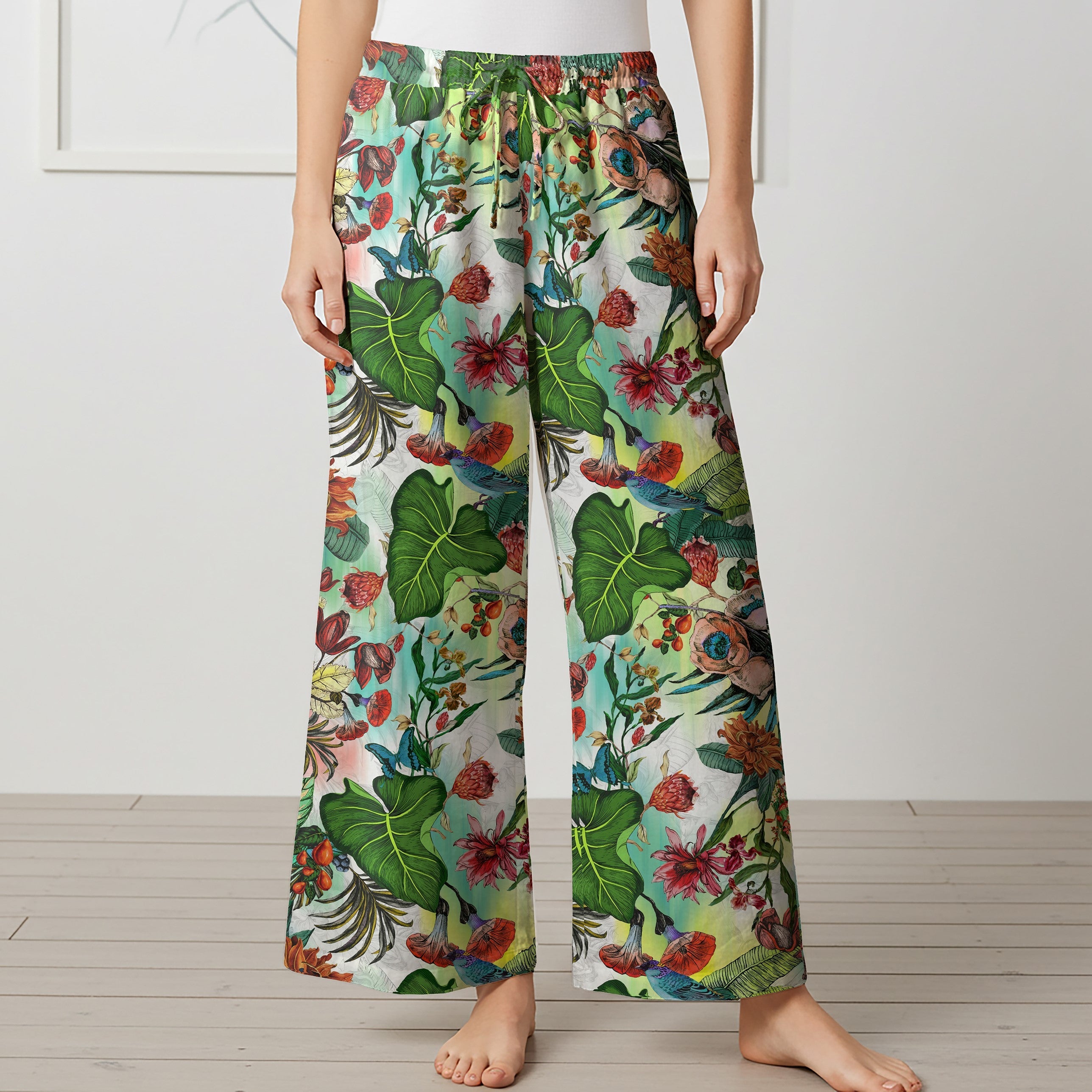 Women Casual Pants Lounge Elastic Waist Drawstring with Pockets 93% Tencel, 7% Linen Green Aloha Tropical Floral Fantasy
