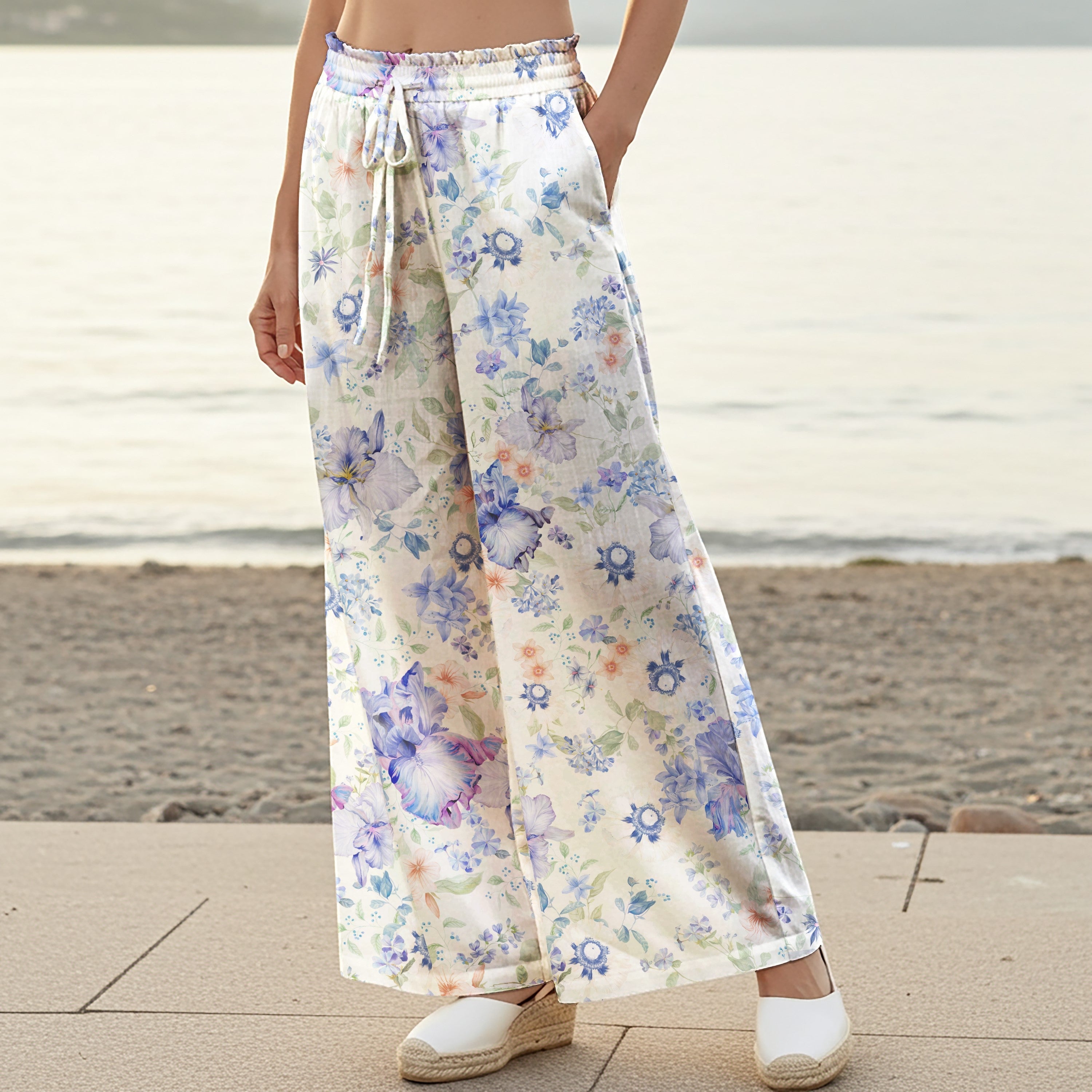 Women Casual Pants Lounge Elastic Waist Drawstring 93% Tencel 7% Linen Blue Aloha Soft Blue Nocturne