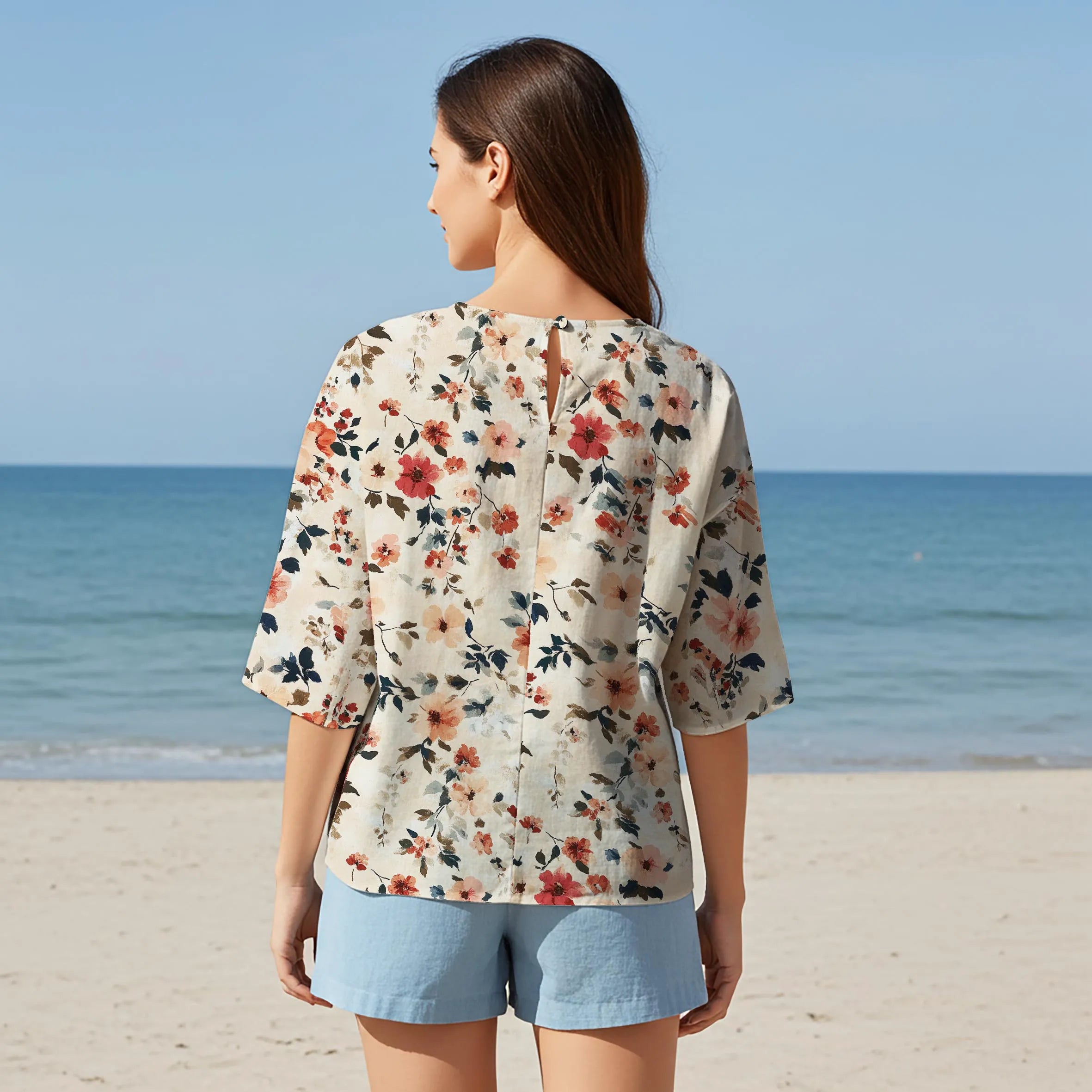 Women Casual Blouse Elbow Sleeve Round Neck Button-Back 95% Lyocell, 5% Linen Orange Aloha Vintage Floral Breeze