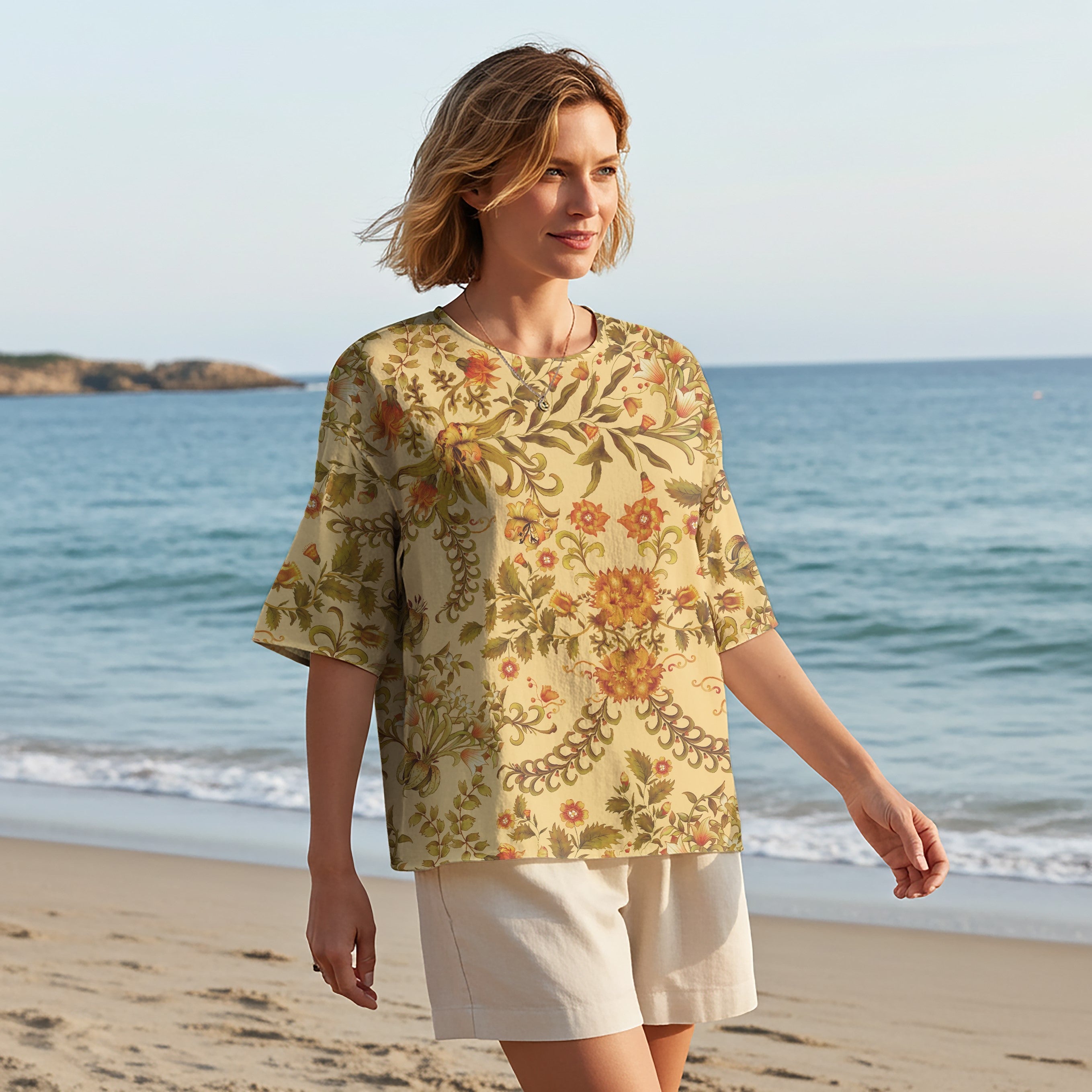 Women Casual Blouse Elbow Sleeve Round Neck Button-Back 95% Tencel, 5% Linen Yellow Aloha Golden Floral Dream Weave