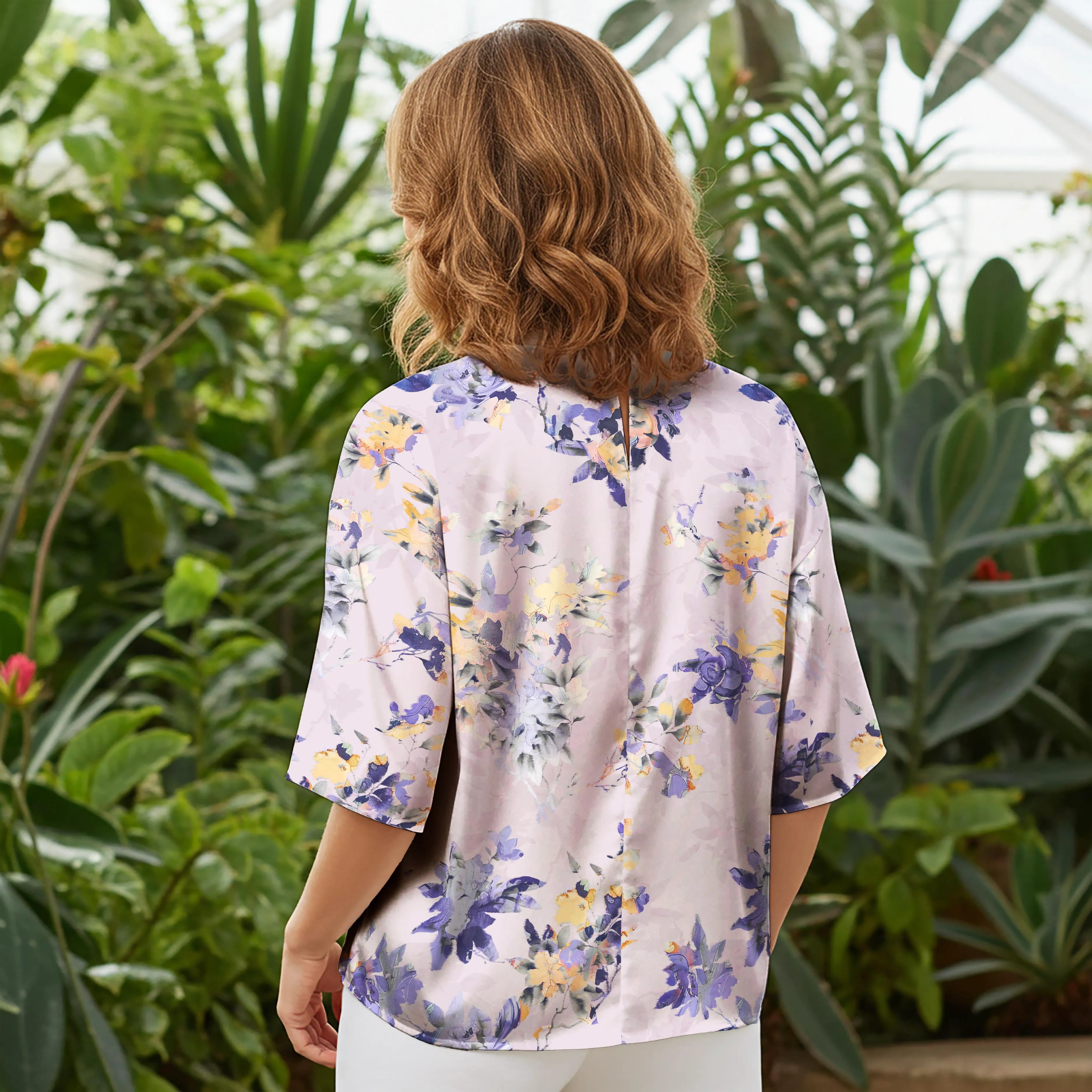 Women Casual Blouse Elbow Sleeve Round Neck Button-Back 100% Tencel Purple Aloha Ethereal Purple Blossoms