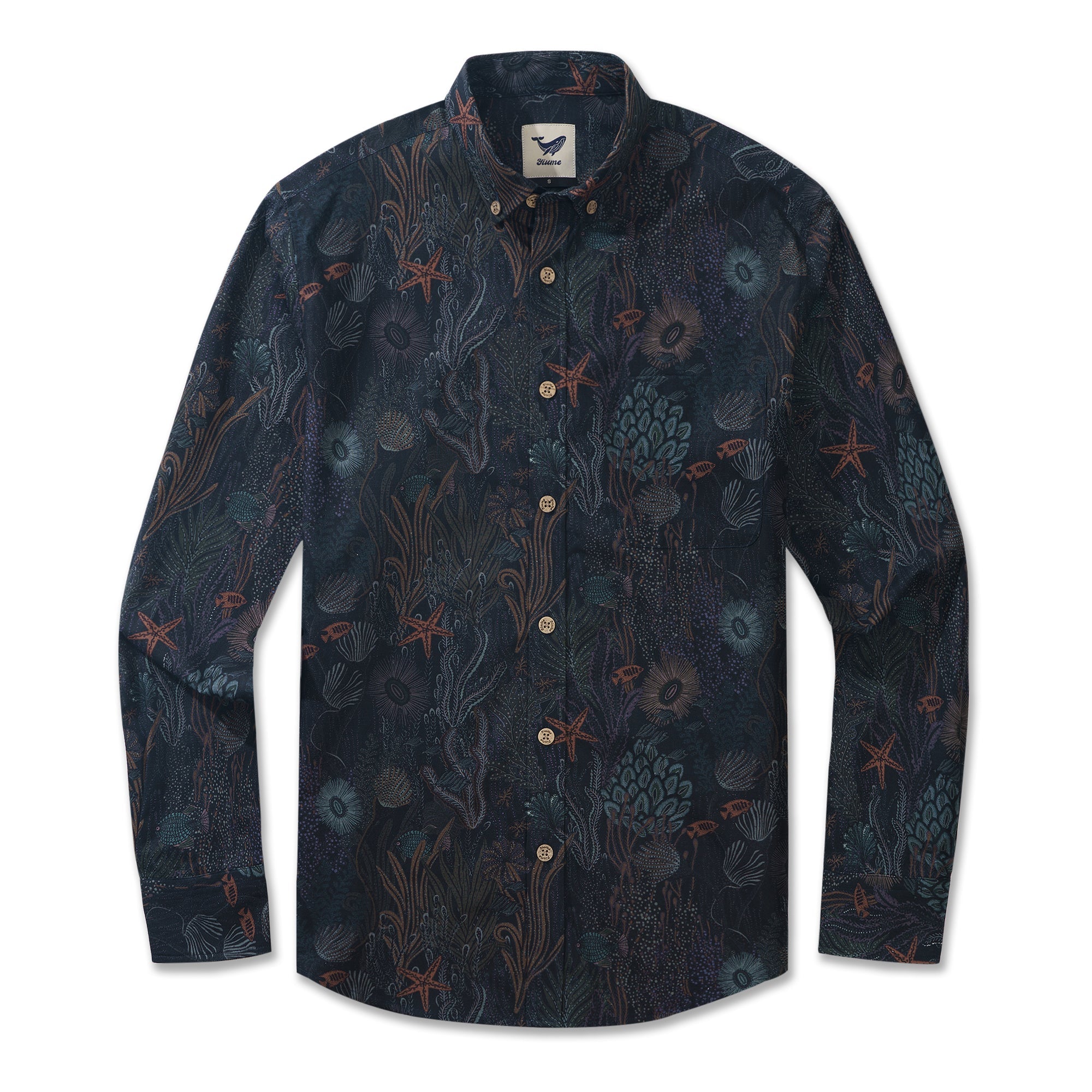 Enchanting Oceanic Wonders 100% Cotton Men's Long Sleeve Button-down Shirt Aloha Hawaiian