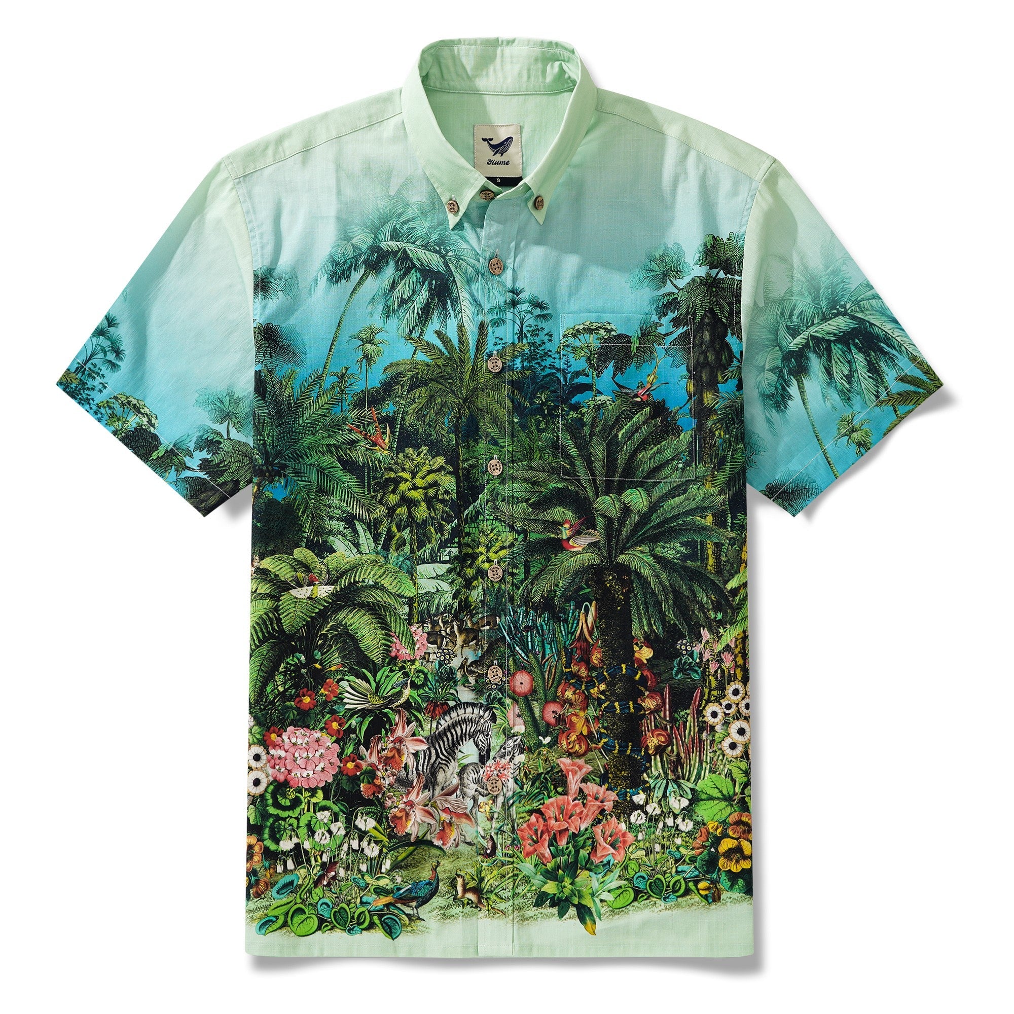 Men's Hawaiian Shirt Short Sleeve Button-down 100% Cotton Green Aloha Jungle Symphony