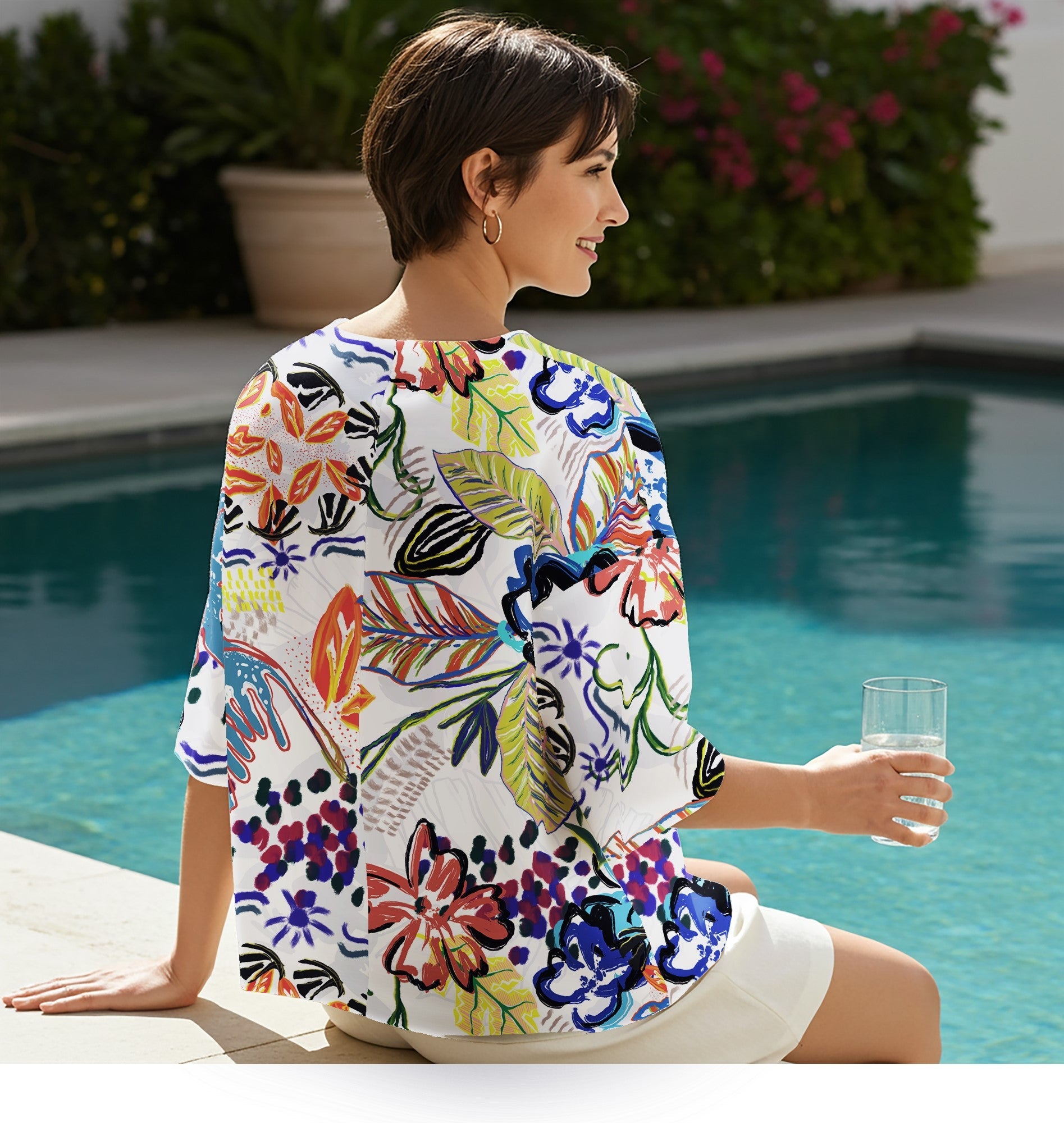 Womens Casual Blouse Elbow Sleeves Round Neck 76% Tencel, 24% Nylon White Aloha Wild Whimsical Graffiti