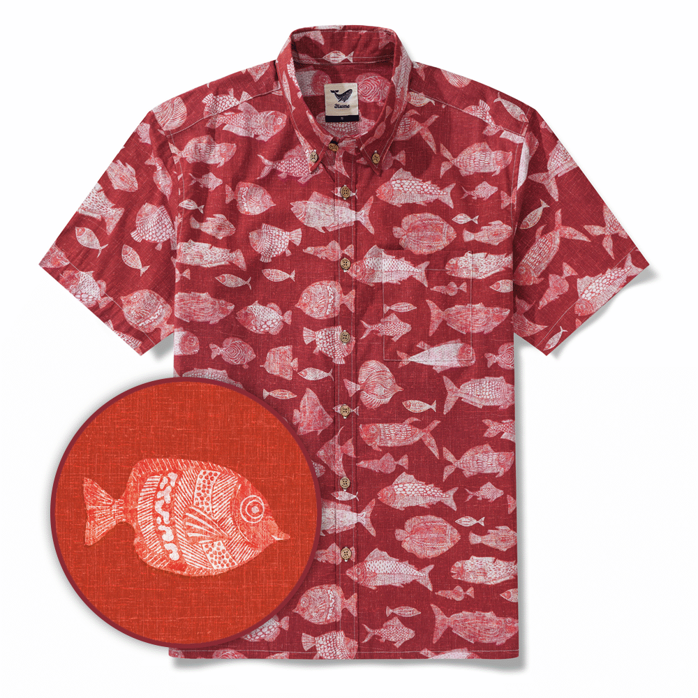 Men's Hawaiian Shirt Short Sleeve Button-down 100% Cotton Red Aloha Red Fish Reverie