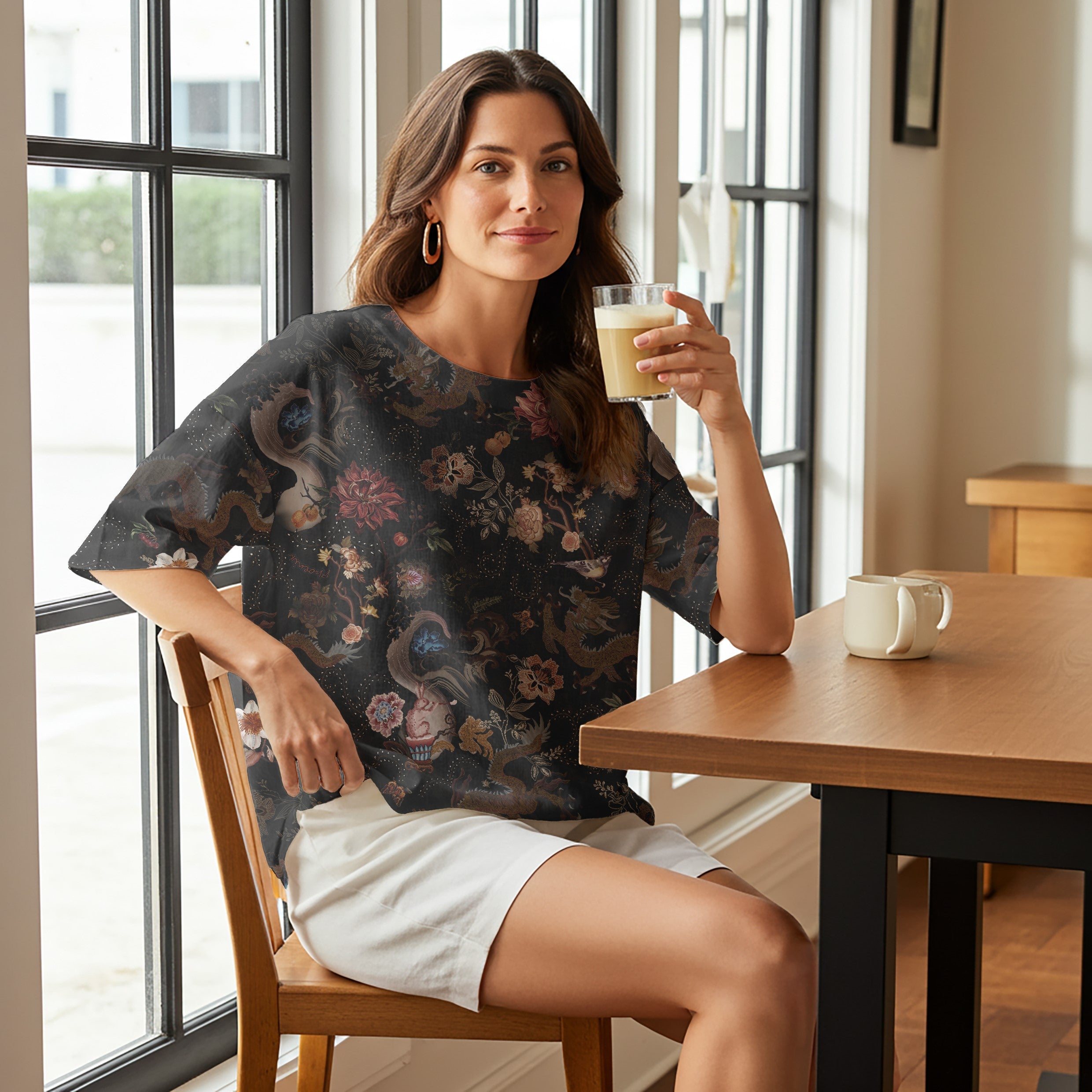Women Casual Blouse 3/4 Sleeve Round Neck 95% Tencel, 5% Linen Black Aloha Ink Charm Eastern Dream