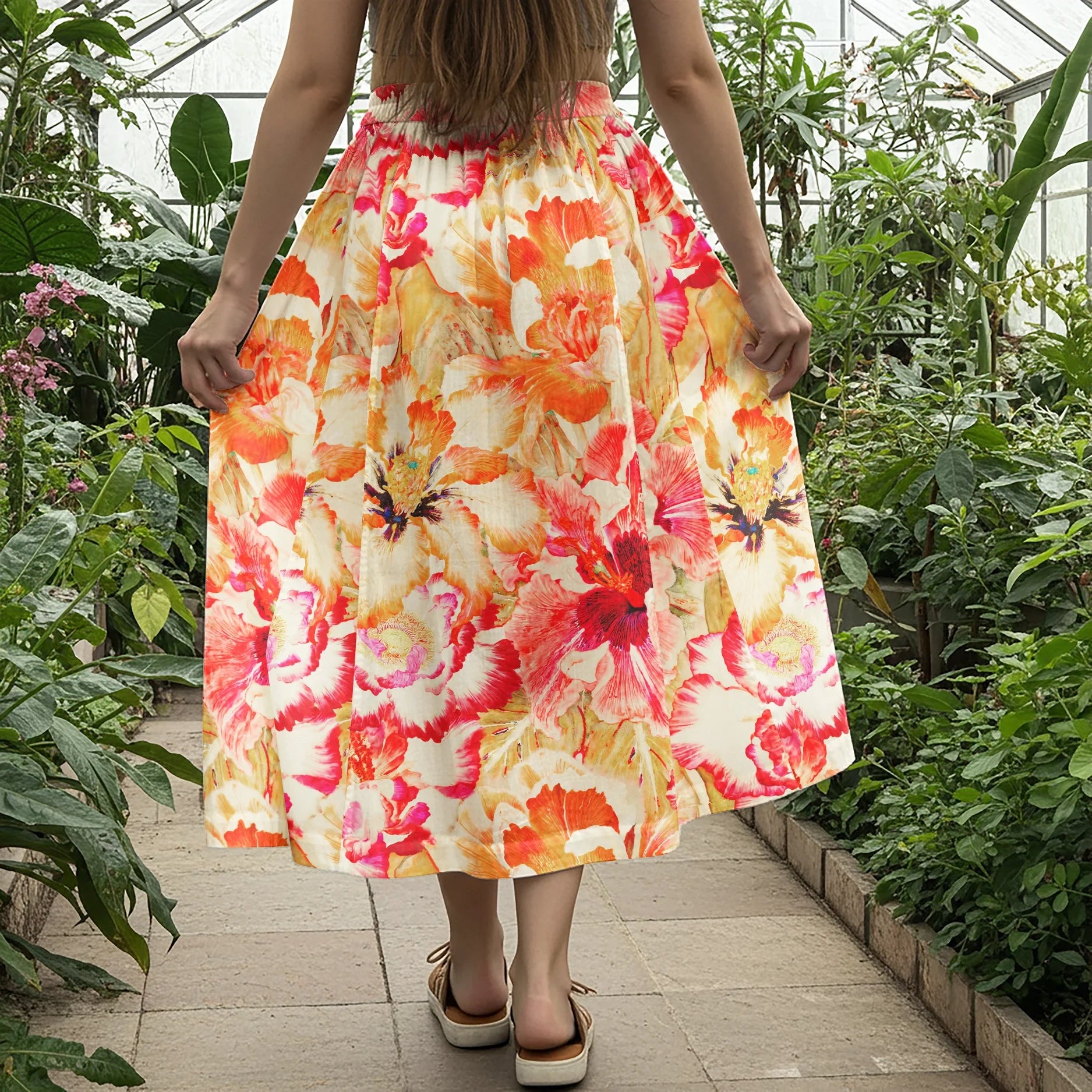 Women Casual Maxi Skirt Long Elastic Waist with Pockets 100% Cotton Orange Aloha Tropical Flower Torch