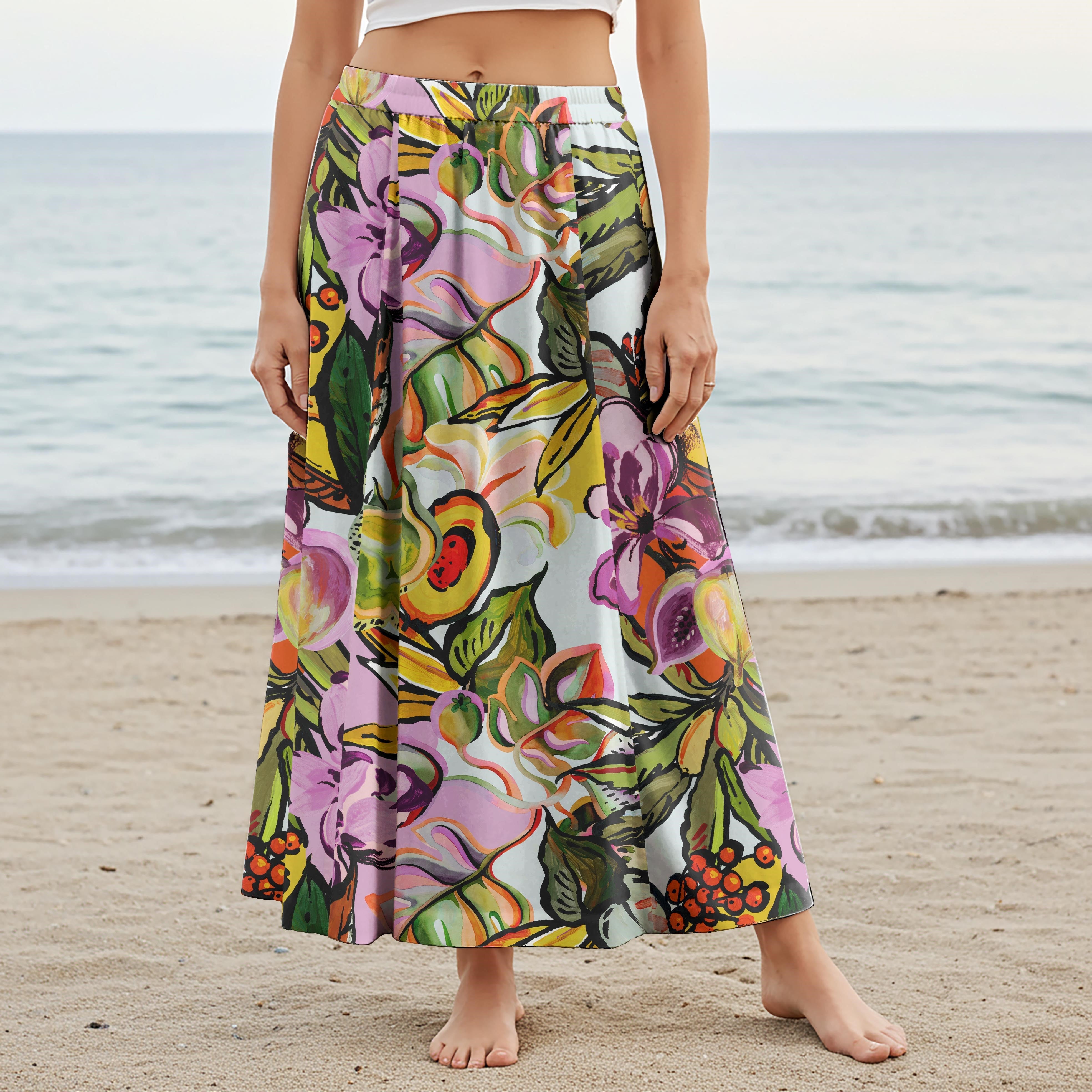 Women Casual Maxi Skirt Long Elastic Waist with Pockets 100% Cotton Green Aloha Tropical Plant Party