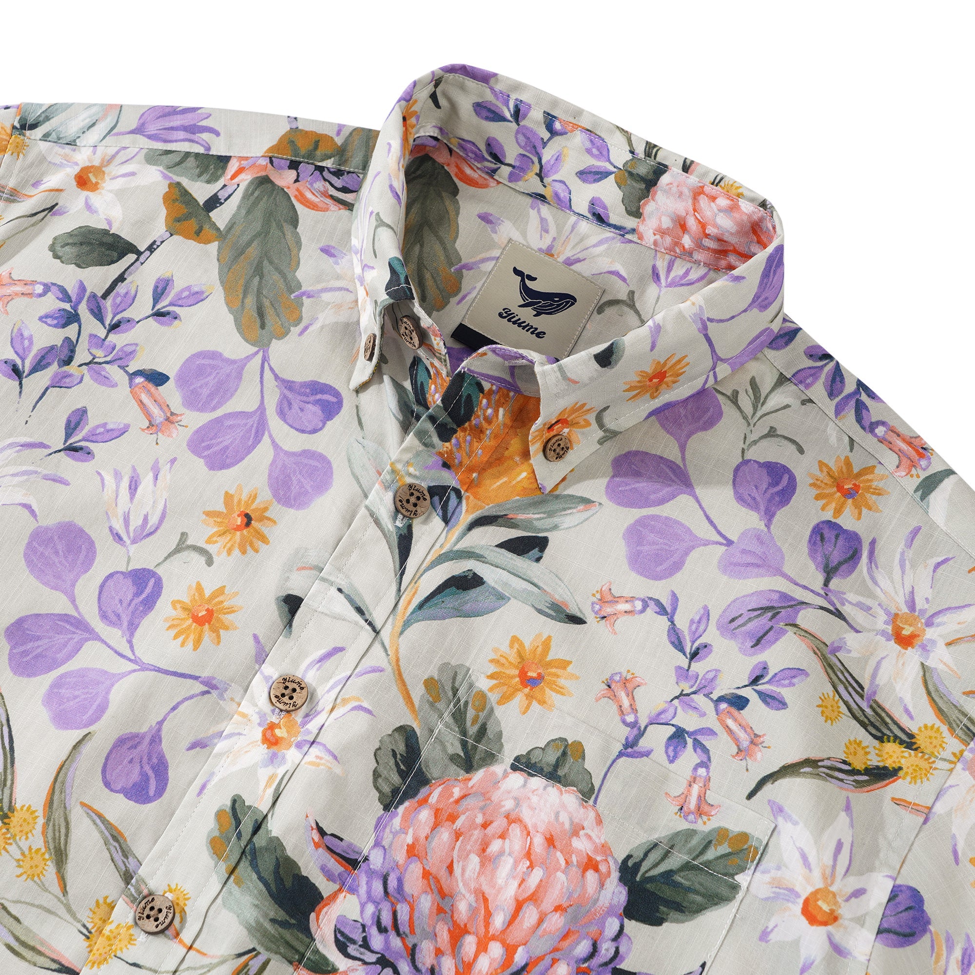 Bushwalk By Jayne Branchflower 100% Cotton Men's Short Sleeve Button-down Shirt Purple Aloha Hawaiian