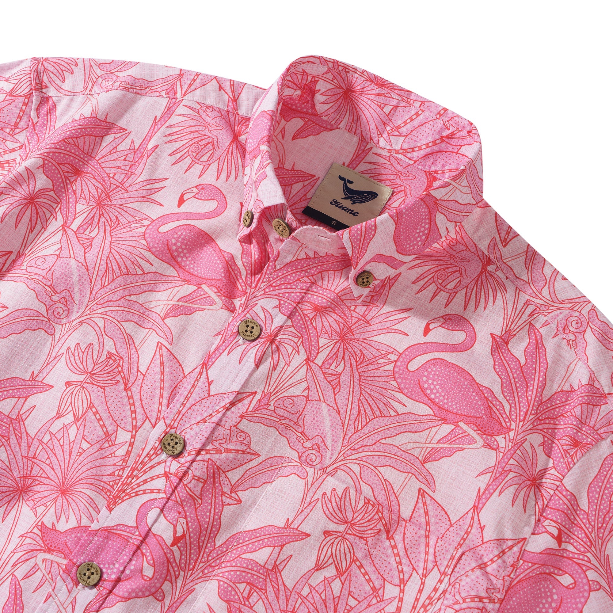 Flamingos & Chameleons By House of Haricot 100% Cotton Men's Short Sleeve Button-down Shirt Red Aloha Hawaiian