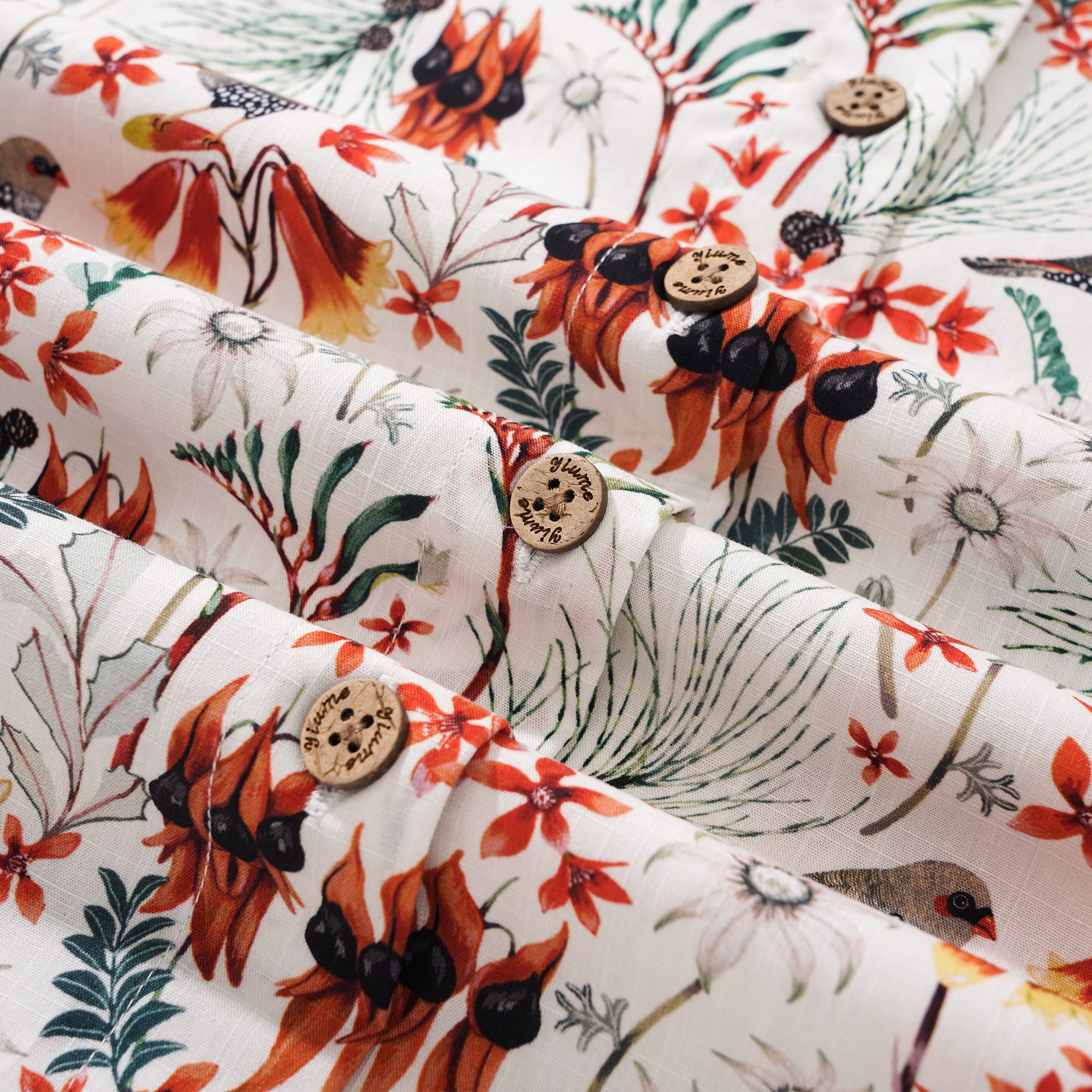 Women's Hawaiian Shirt Short Sleeve Button-up 100% Cotton Green Aloha Firetail Finches By Eloise