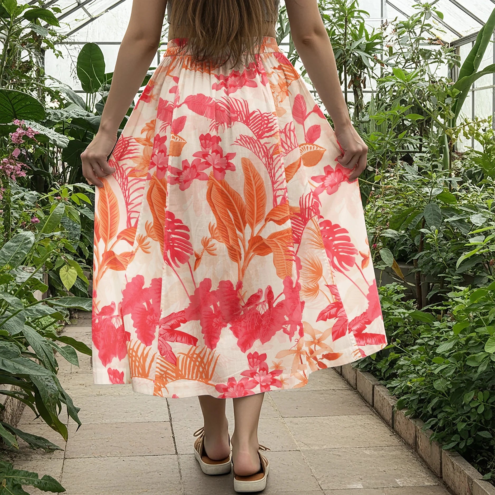 Women Casual Maxi Skirt Long Elastic Waist with Pockets 100% Cotton Orange Aloha Dreamy Tropical Getaway