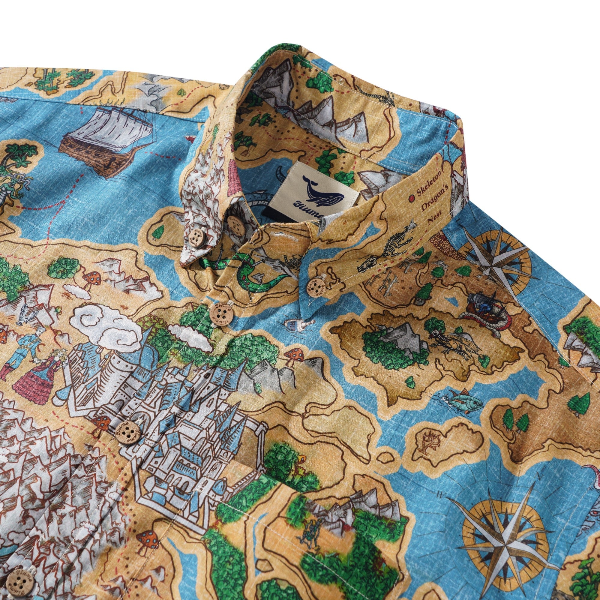 Men's Hawaiian Shirt Short Sleeve Button-down 100% Cotton Blue Aloha Enchanted World Adventure Map