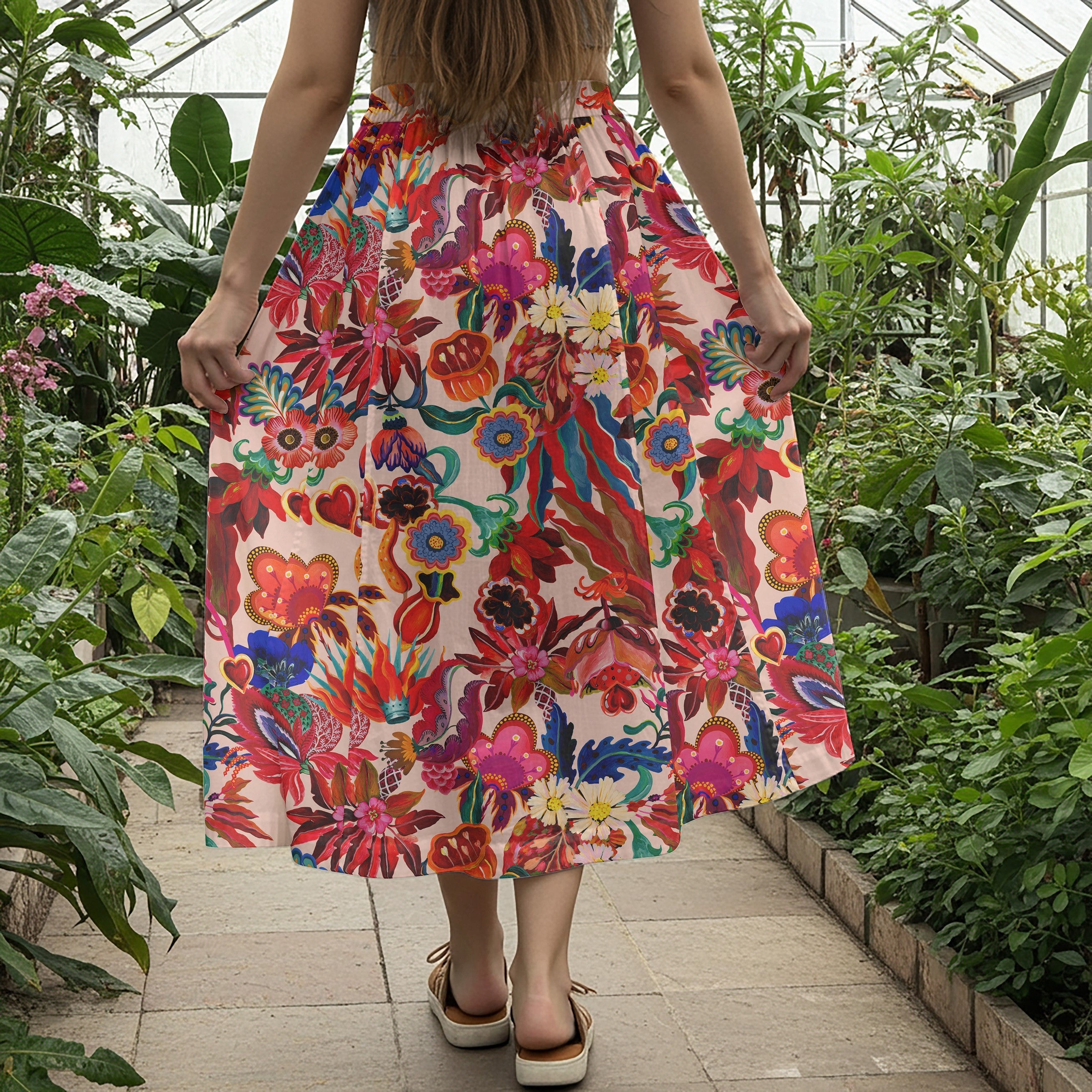 Women Casual Maxi Skirt Long Elastic Waist with Pockets 100% Cotton Red Aloha Enchanted Blossom Dance Carnival