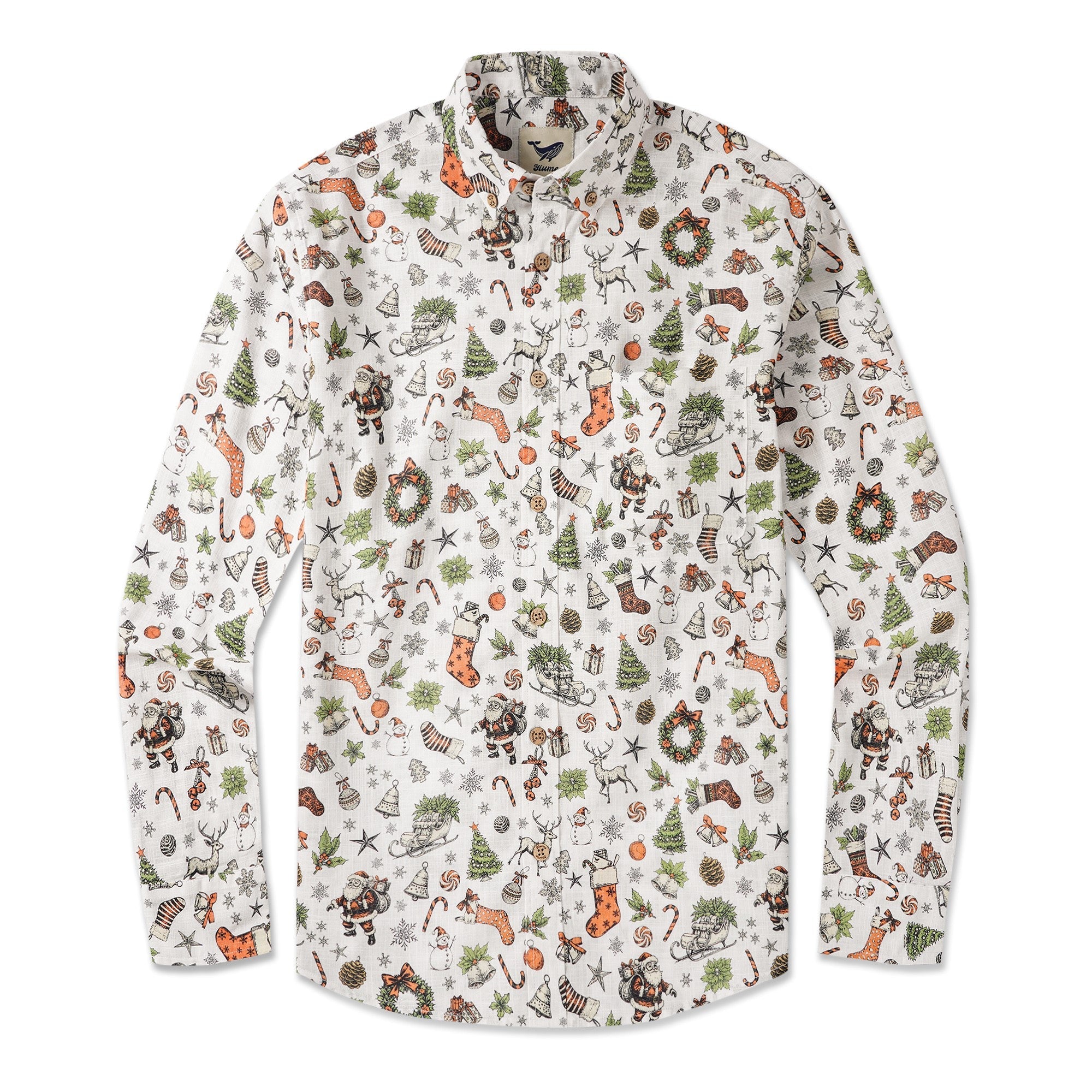 Men's Hawaiian Shirt Long Sleeve Button-down 100% Cotton White Aloha Everyday Sparkle Of Santa