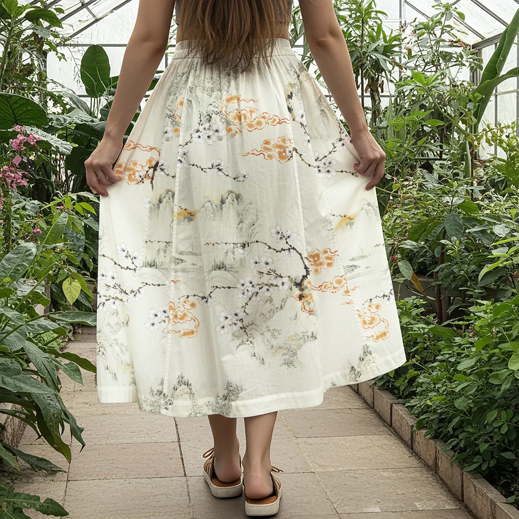 Women Casual Maxi Skirt Long Elastic Waist with Pockets 100% Cotton Green Aloha Oriental Poetry