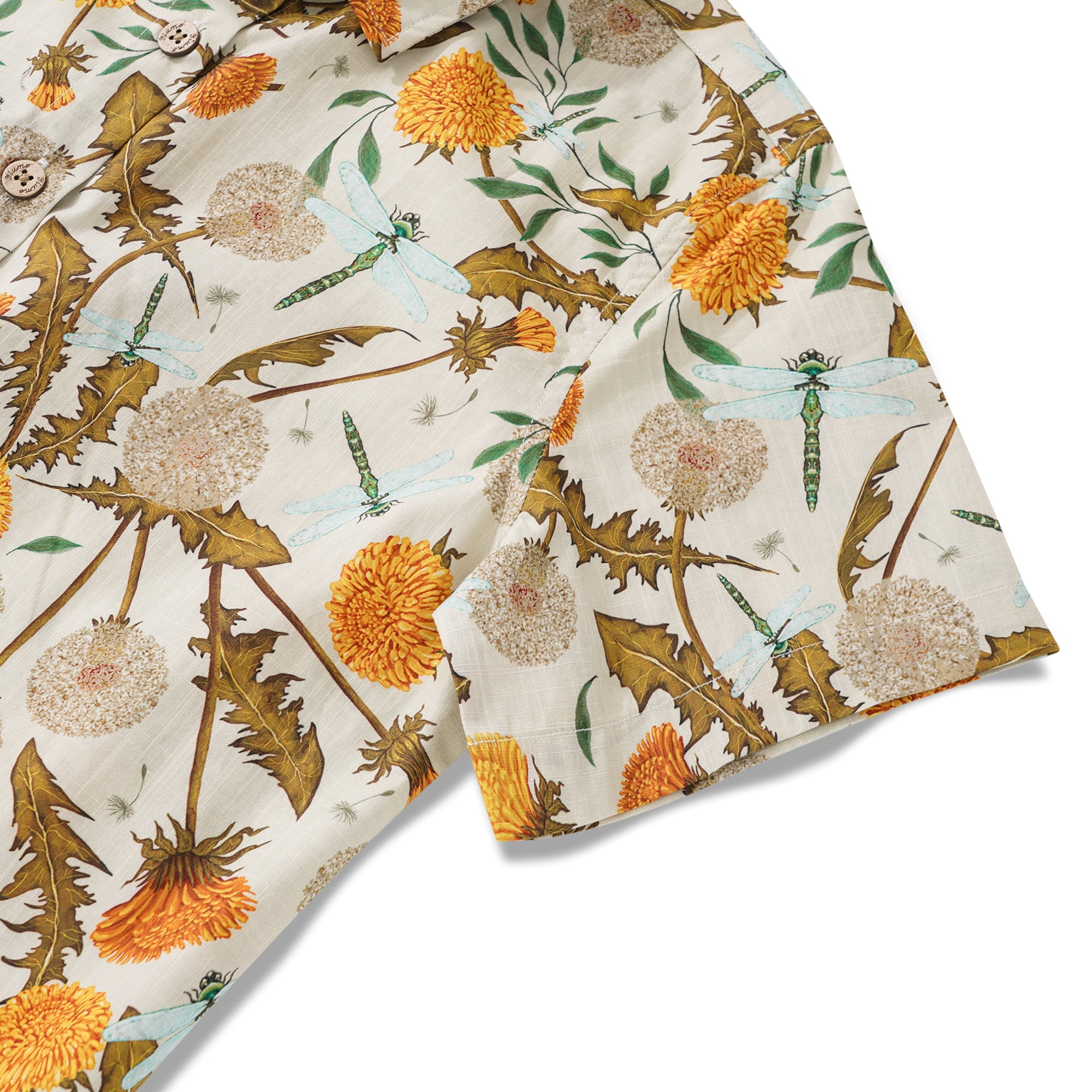 Women's Hawaiian Shirt Short Sleeve Button-up 100% Cotton Yellow Aloha Dandelions and Dragonflies By Silver Steer Design