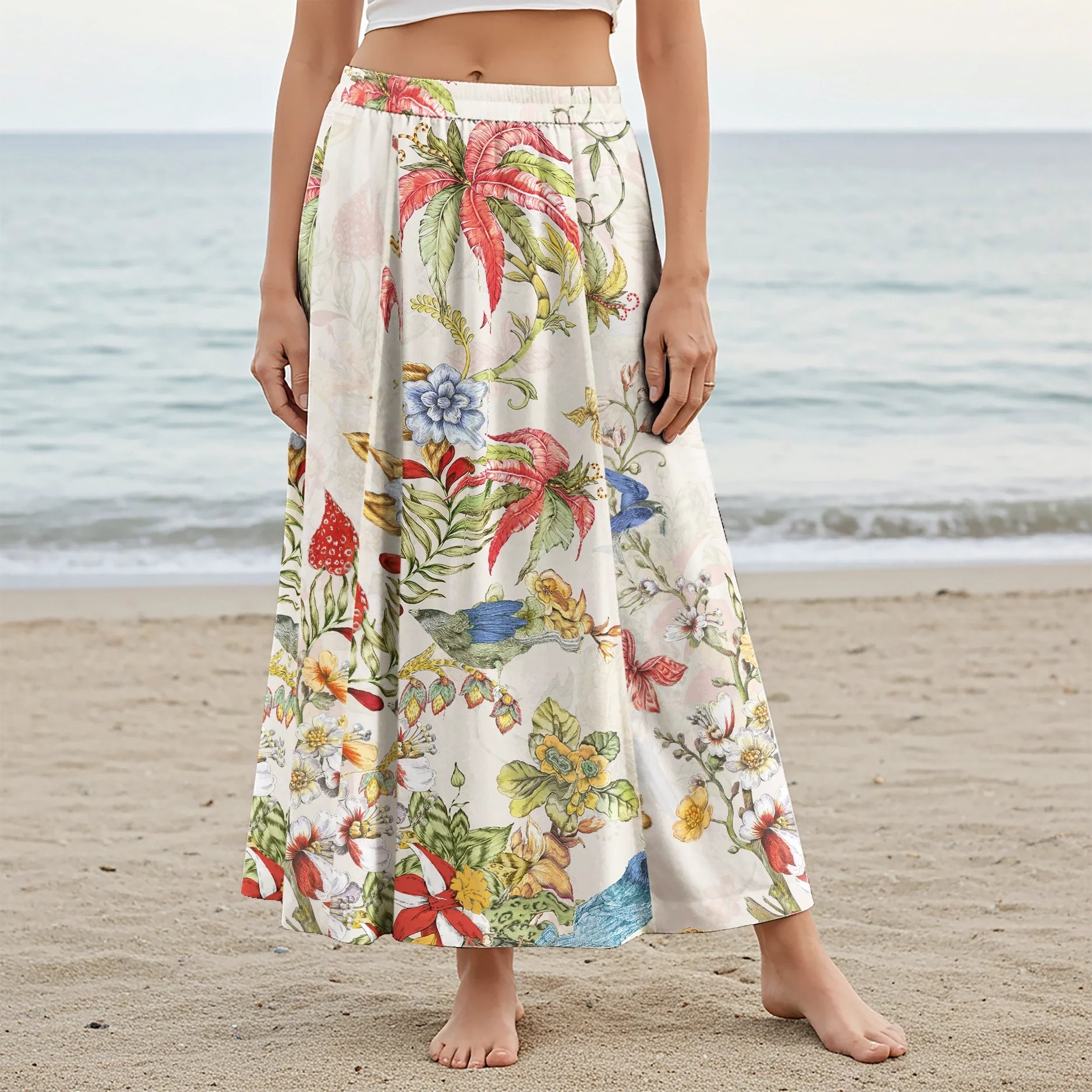 Women Casual Maxi Skirt Long Elastic Waist with Pockets 100% Cotton Green Aloha Birdsong And Blooms