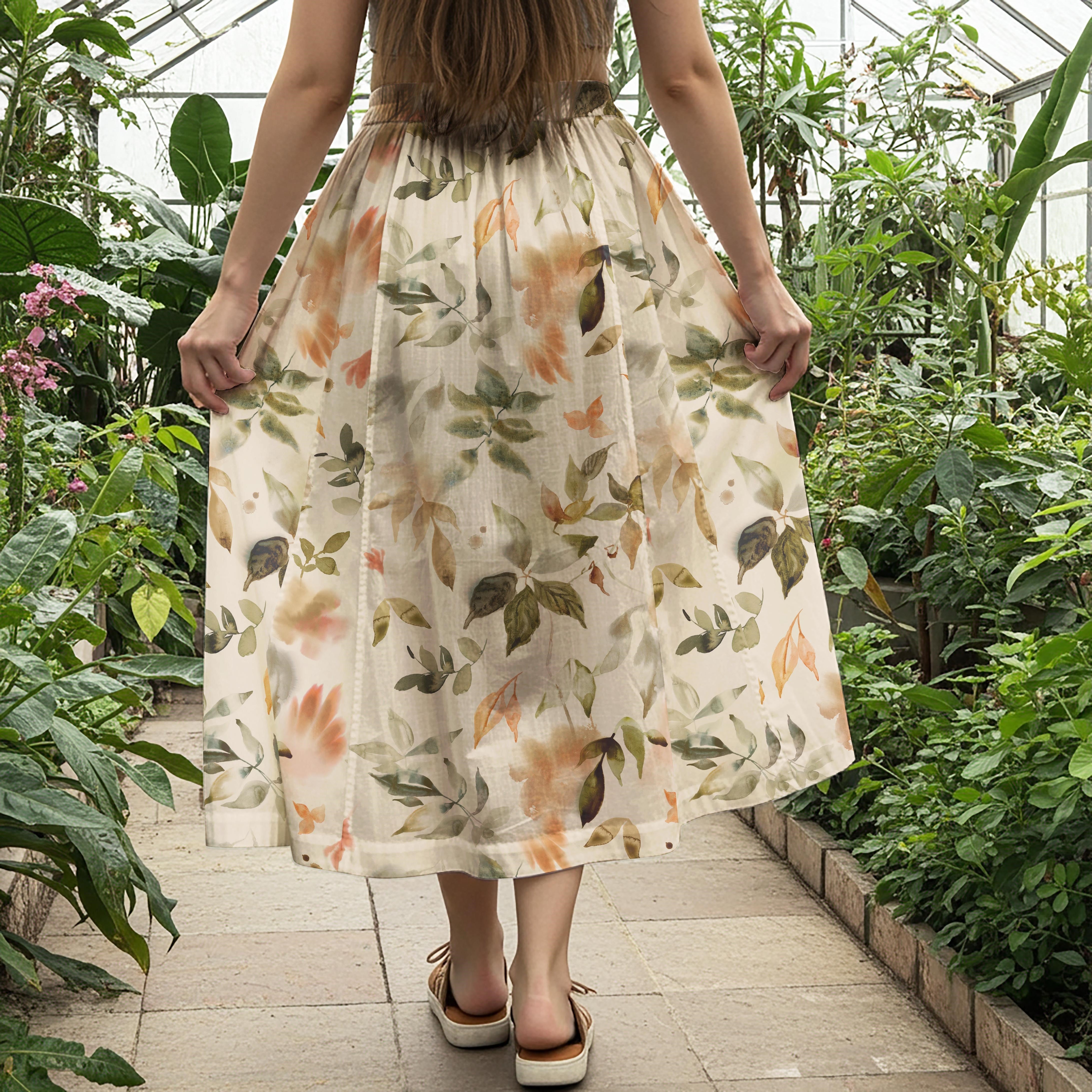 Women Casual Maxi Skirt Long Elastic Waist with Pockets 100% Cotton Brown Aloha Tranquility Of Autumn Leaves