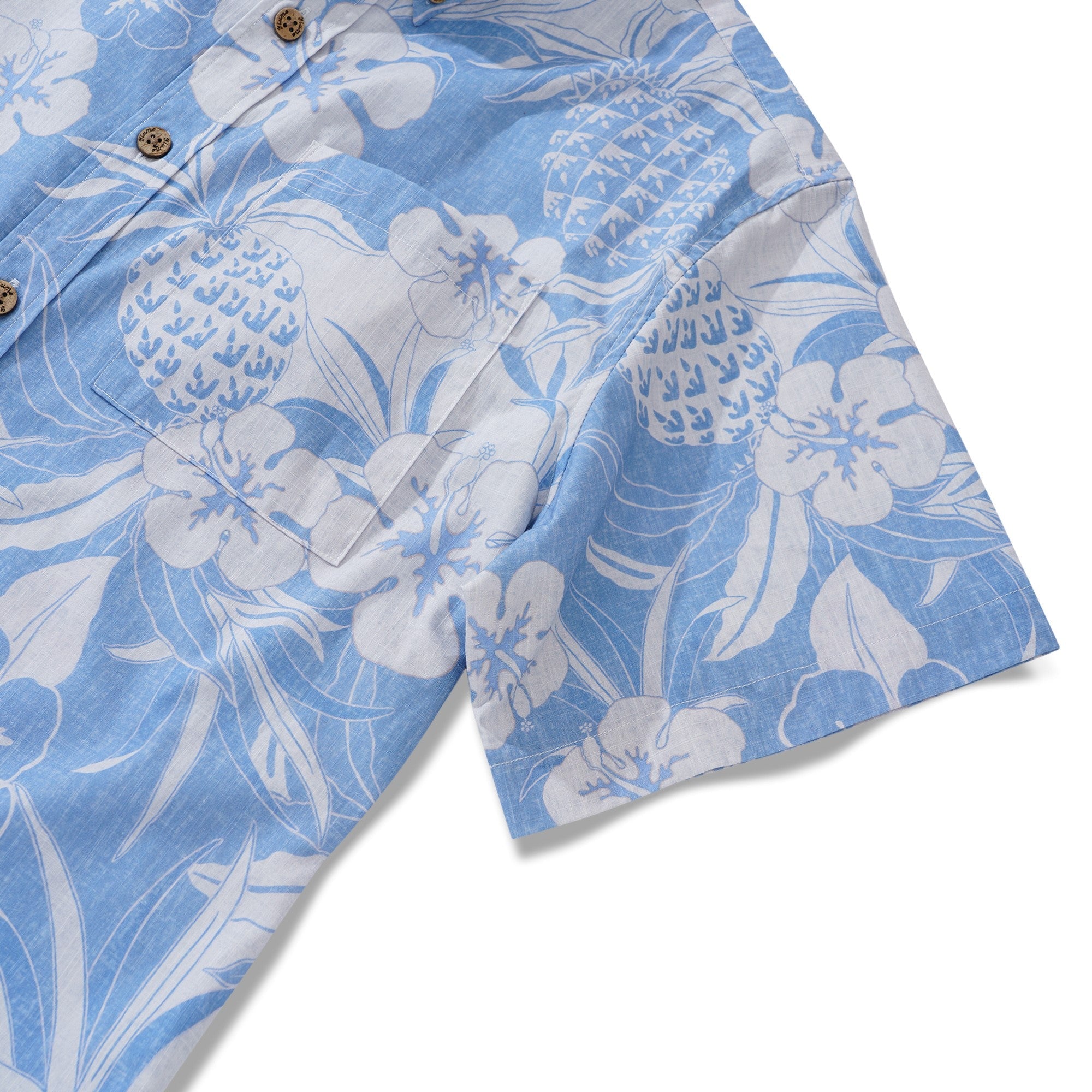 Men's Hawaiian Shirt Short Sleeve Button-down 100% Cotton Blue Aloha Pineapple and Hibiscus Hawaiian Shirt