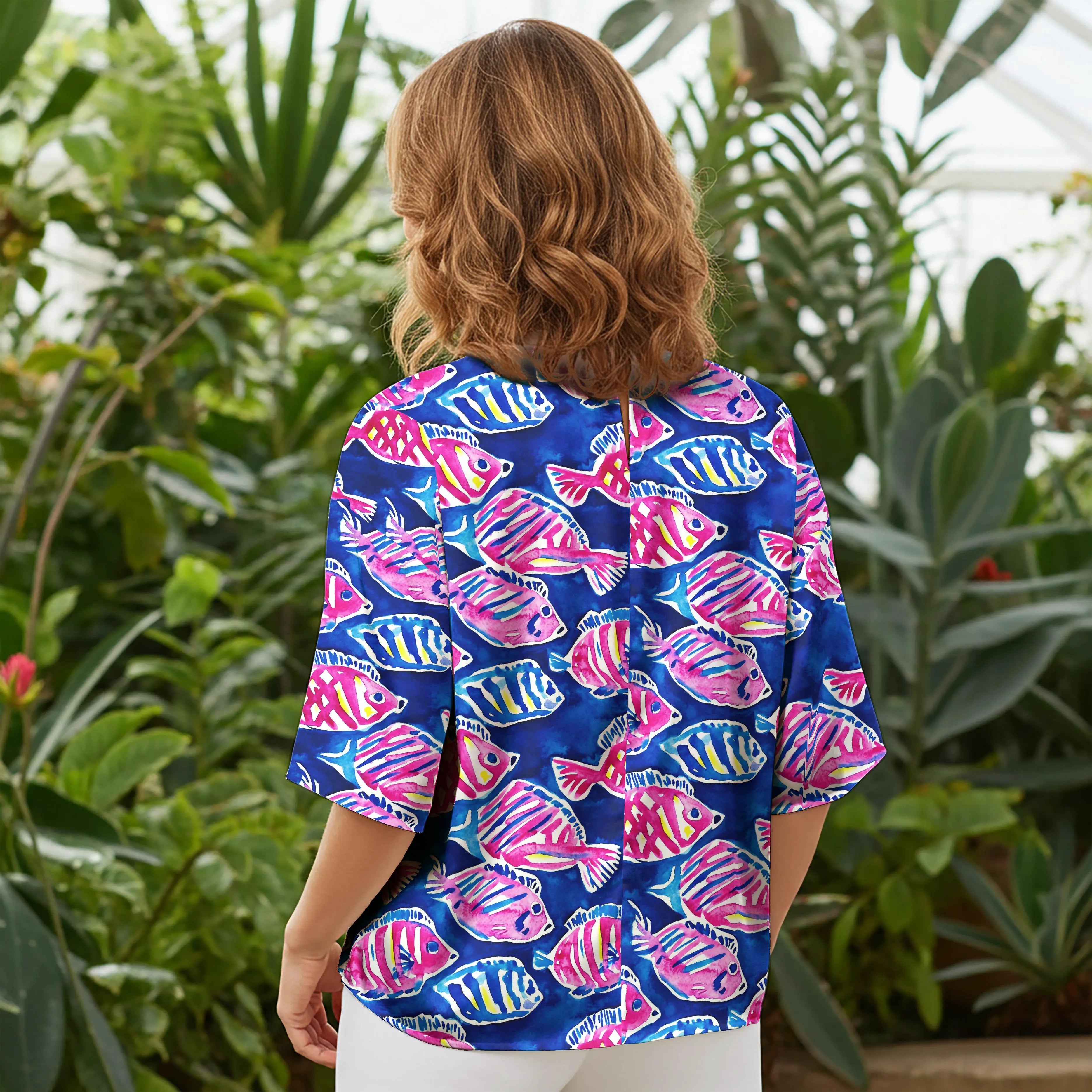 Women Casual Blouse Elbow Sleeve Round Neck Button-Back 100% Tencel Blue Aloha Ocean Vitality