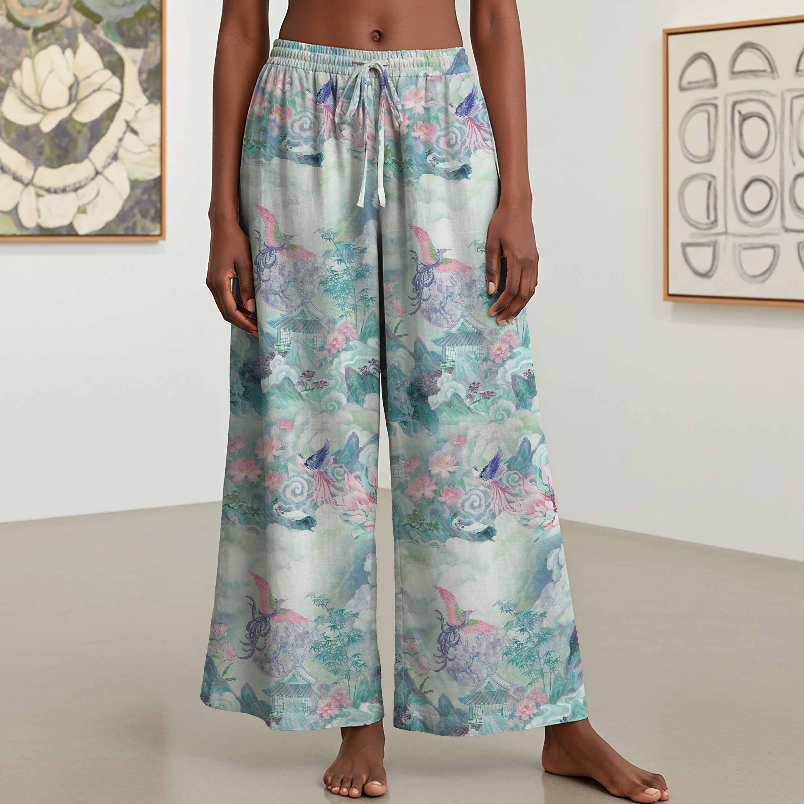 Women Casual Pants Lounge Elastic Waist Drawstring with Pockets 93% Tencel, 7% Linen Blue Aloha Painted Scroll Of The Celestial Garden