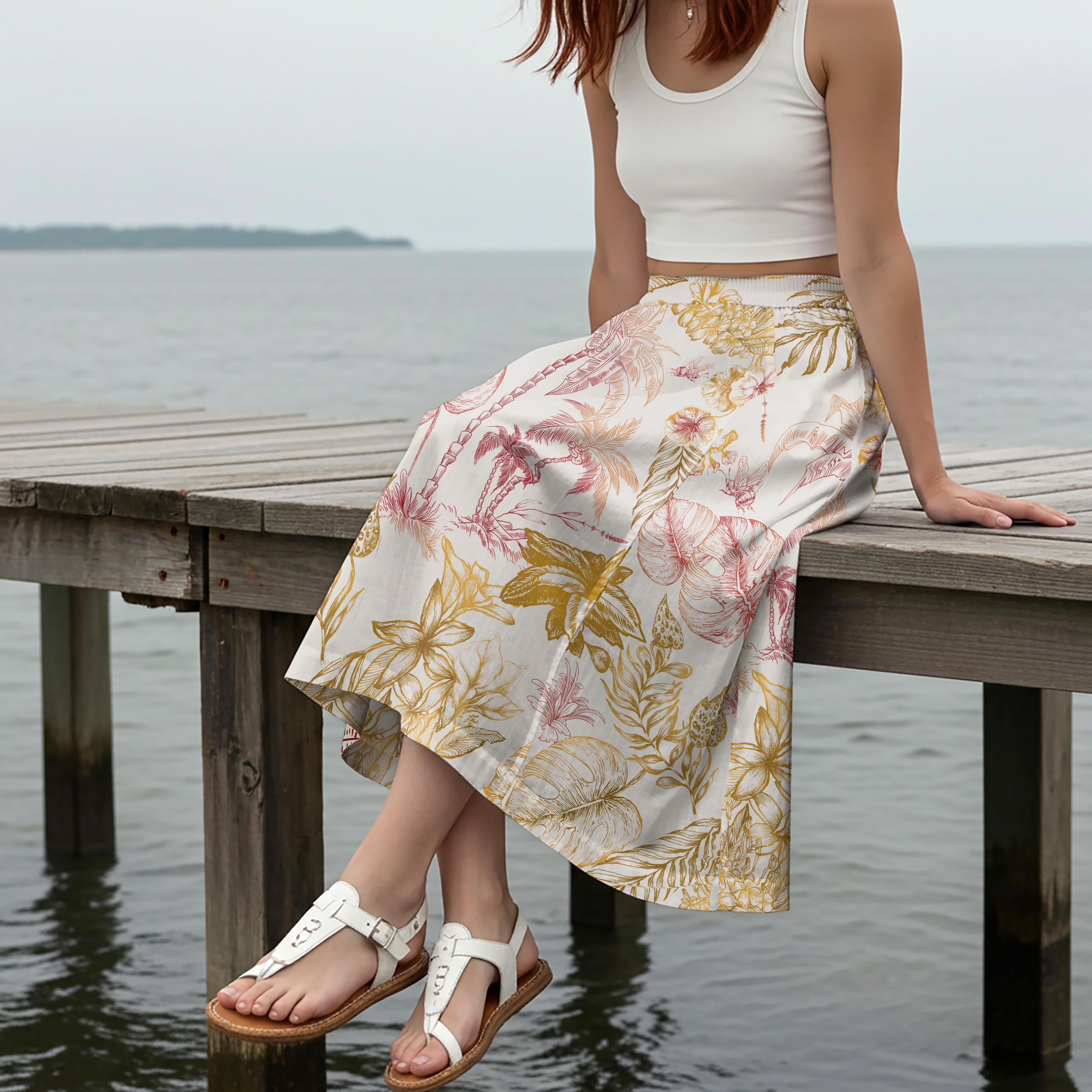 Women Casual Maxi Skirt Long Elastic Waist 100% Cotton Yellow Aloha Tropical Blossoms