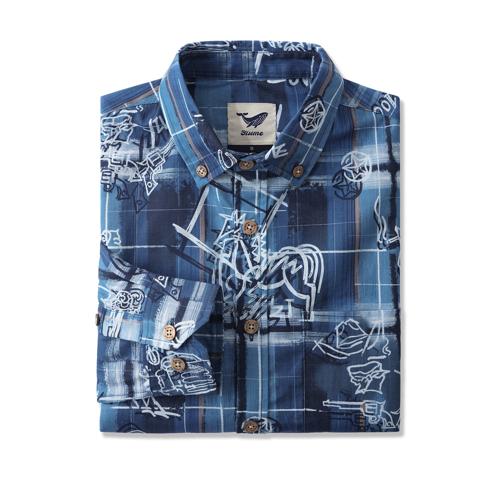 Vintage Graffiti Plaid 100% Cotton Men's Long Sleeve Button-down Shirt Blue Aloha Hawaiian