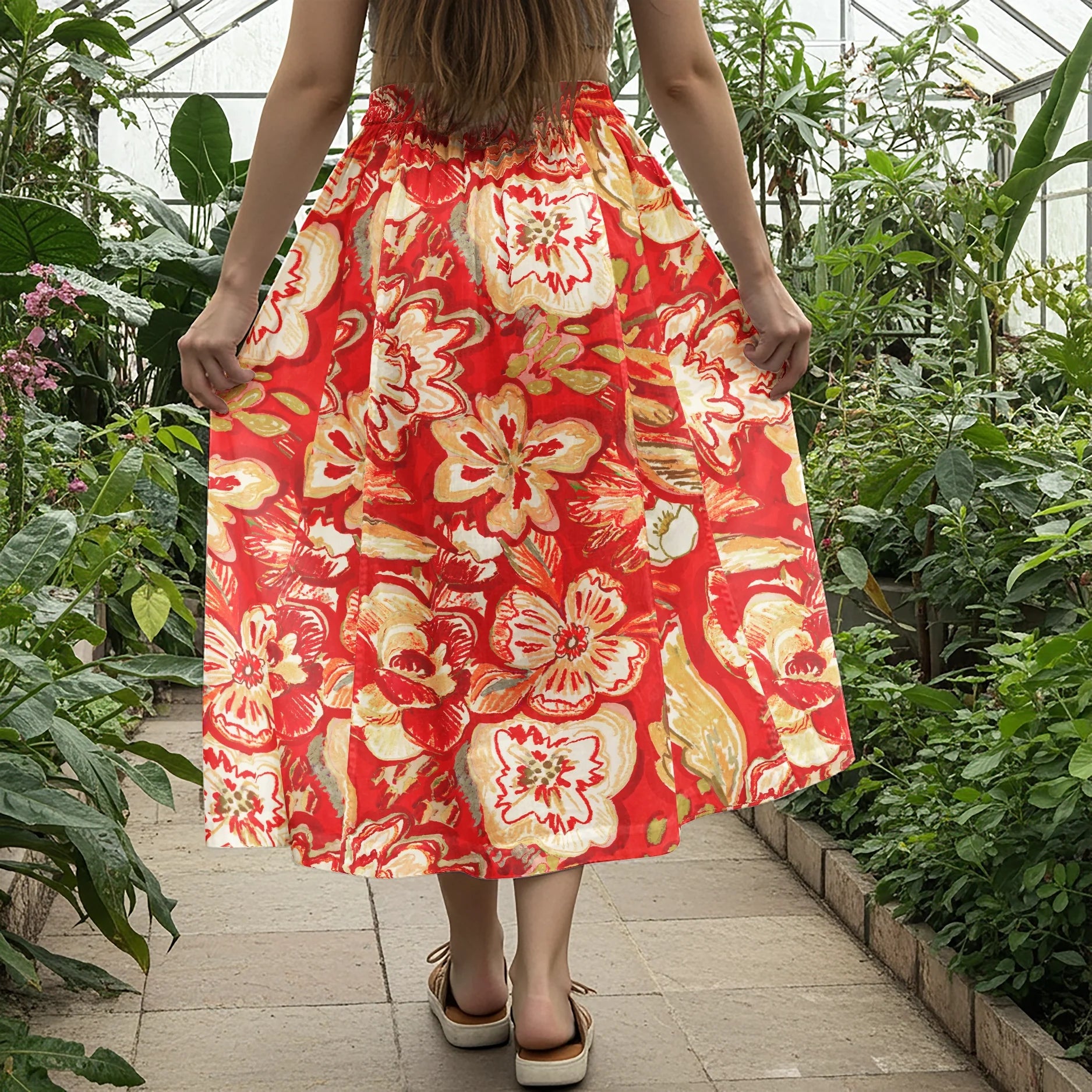 Women Casual Maxi Skirt Long Elastic Waist with Pockets 100% Cotton Orange Aloha Fiery Hand-painted Florals