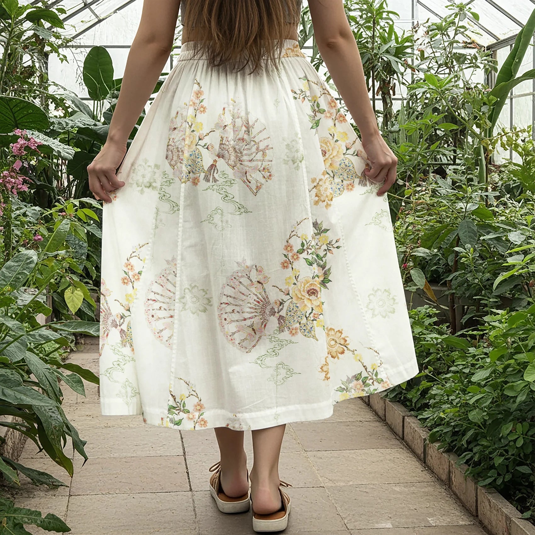 Women Casual Maxi Skirt Long Elastic Waist with Pockets 100% Cotton Yellow Aloha Oriental Blossom Fan