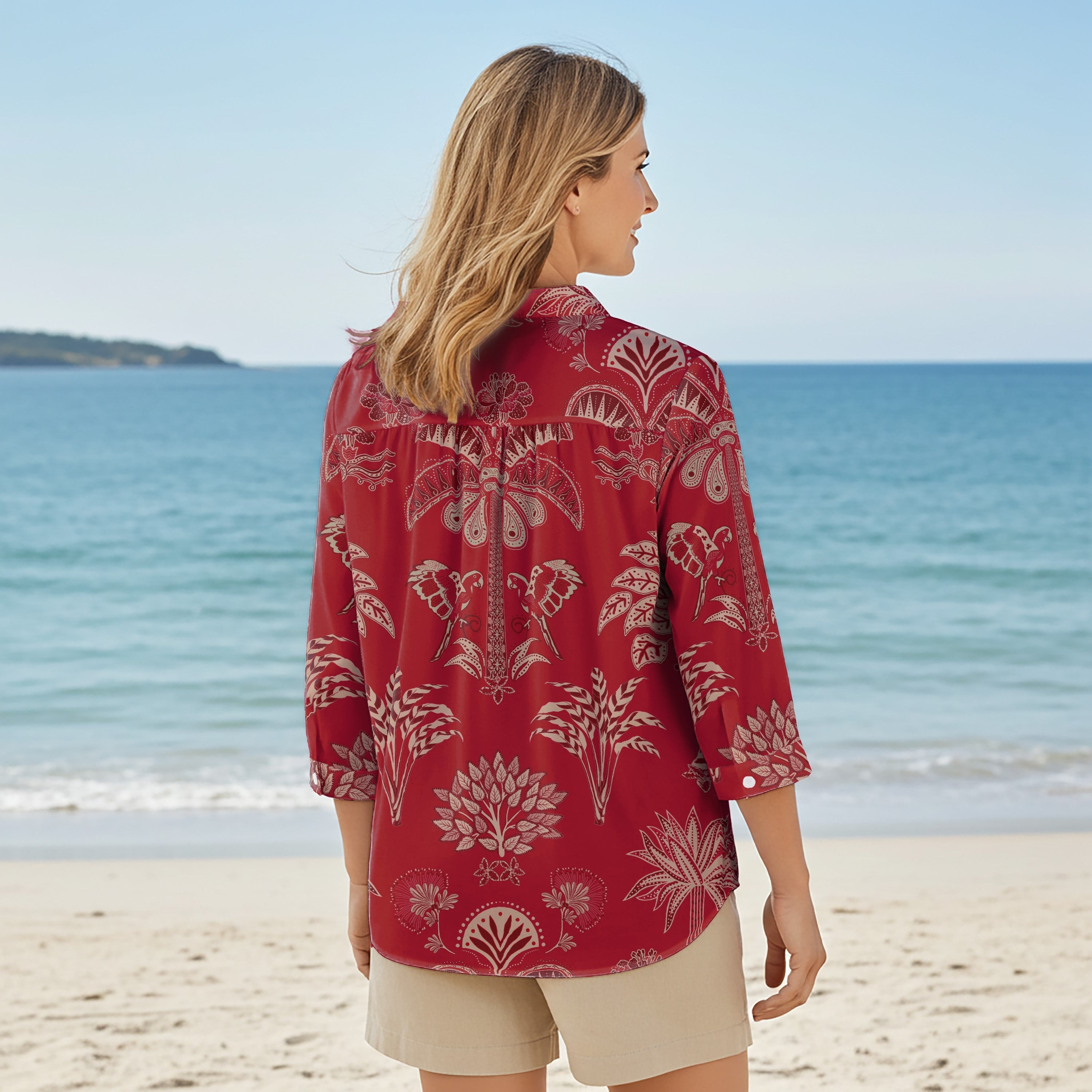Women Casual Blouse 3/4 Sleeve V-neck Shirt Collar 100% Tencel Red Aloha Retro Tropical Sparkle