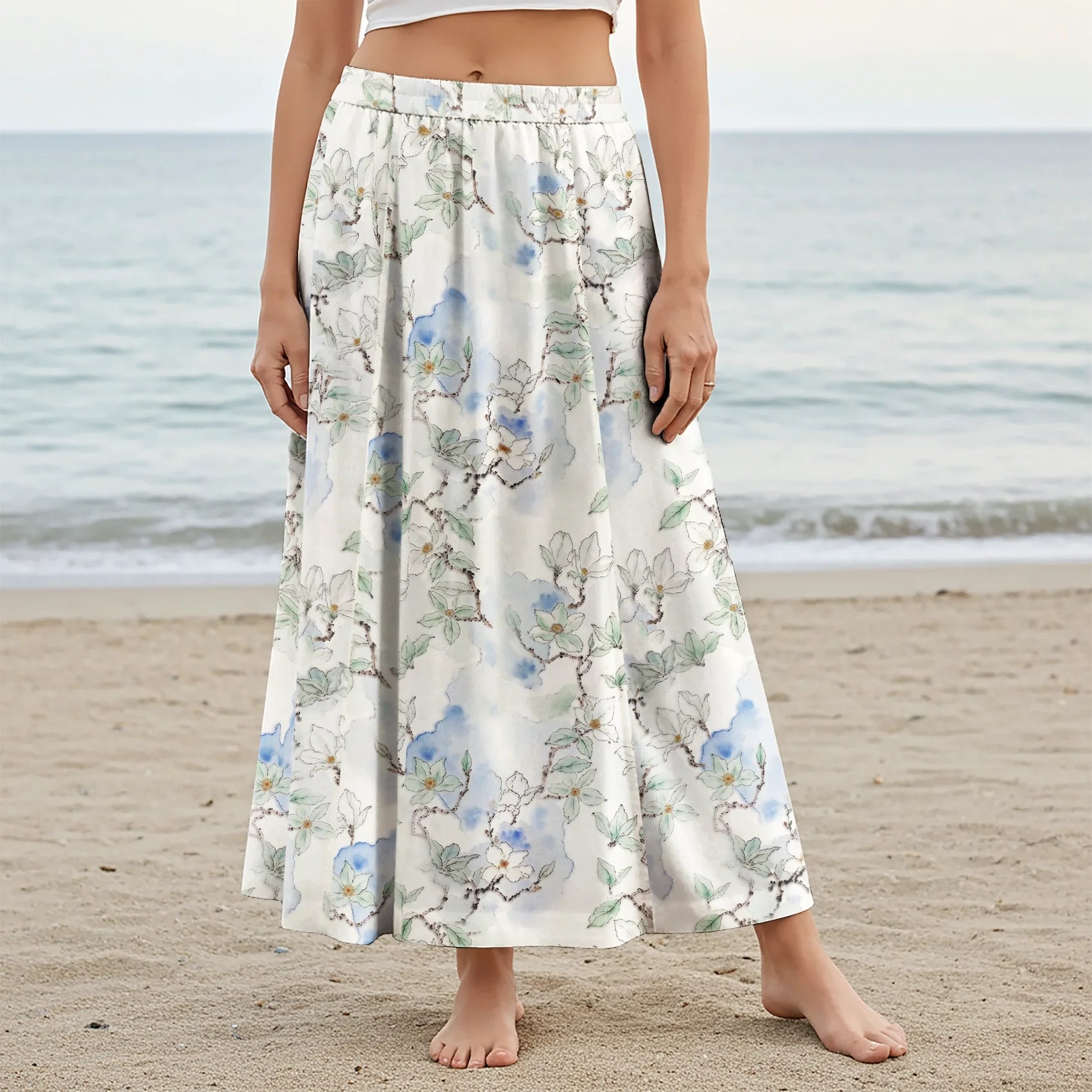 Women Casual Maxi Skirt Long Elastic Waist with Pockets 100% Cotton Green Aloha Glass Oriental Dream