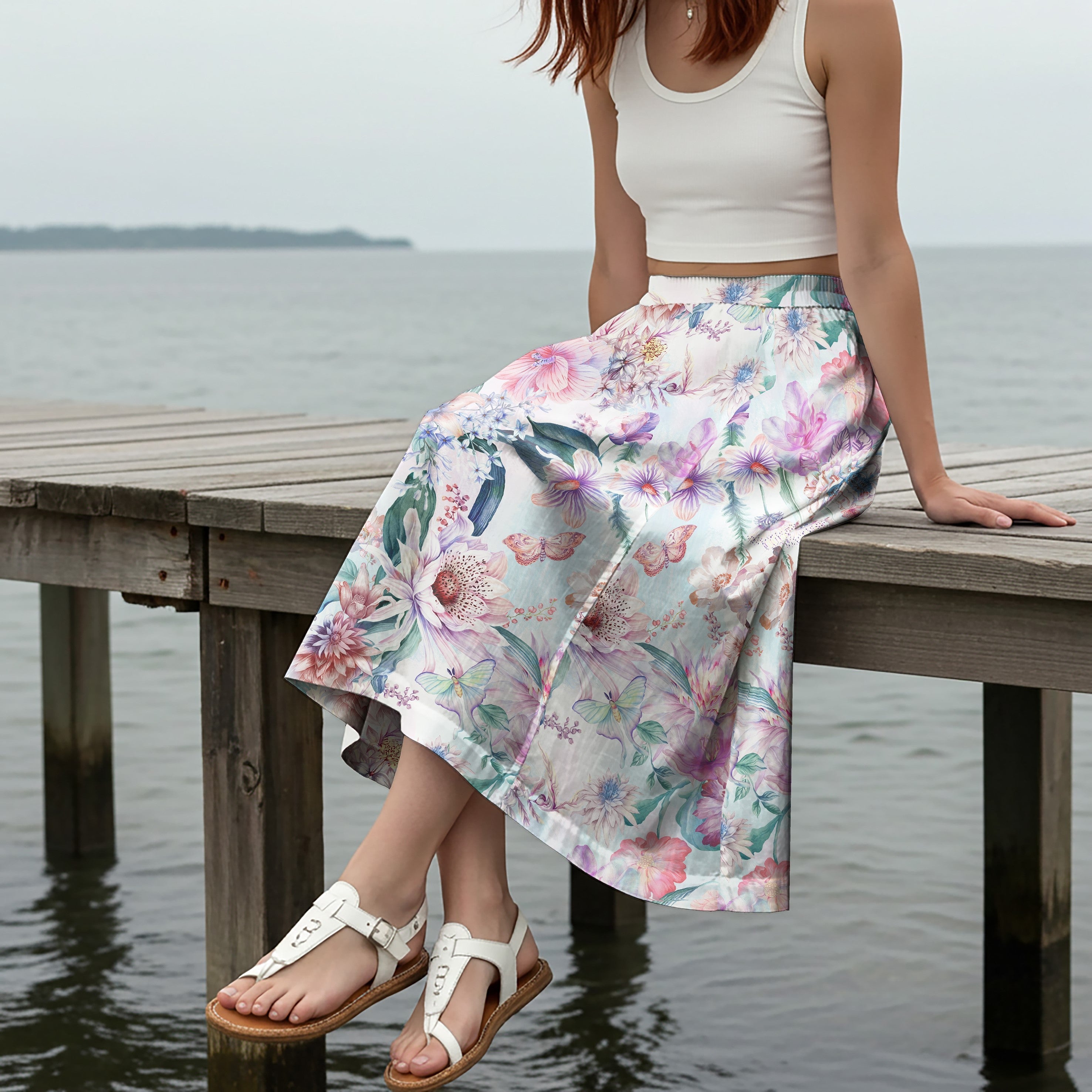 Women Casual Maxi Skirt Long Elastic Waist with Pockets 100% Cotton Aloha Enchanted Dance Of Rainbow Flowers And Butterflies