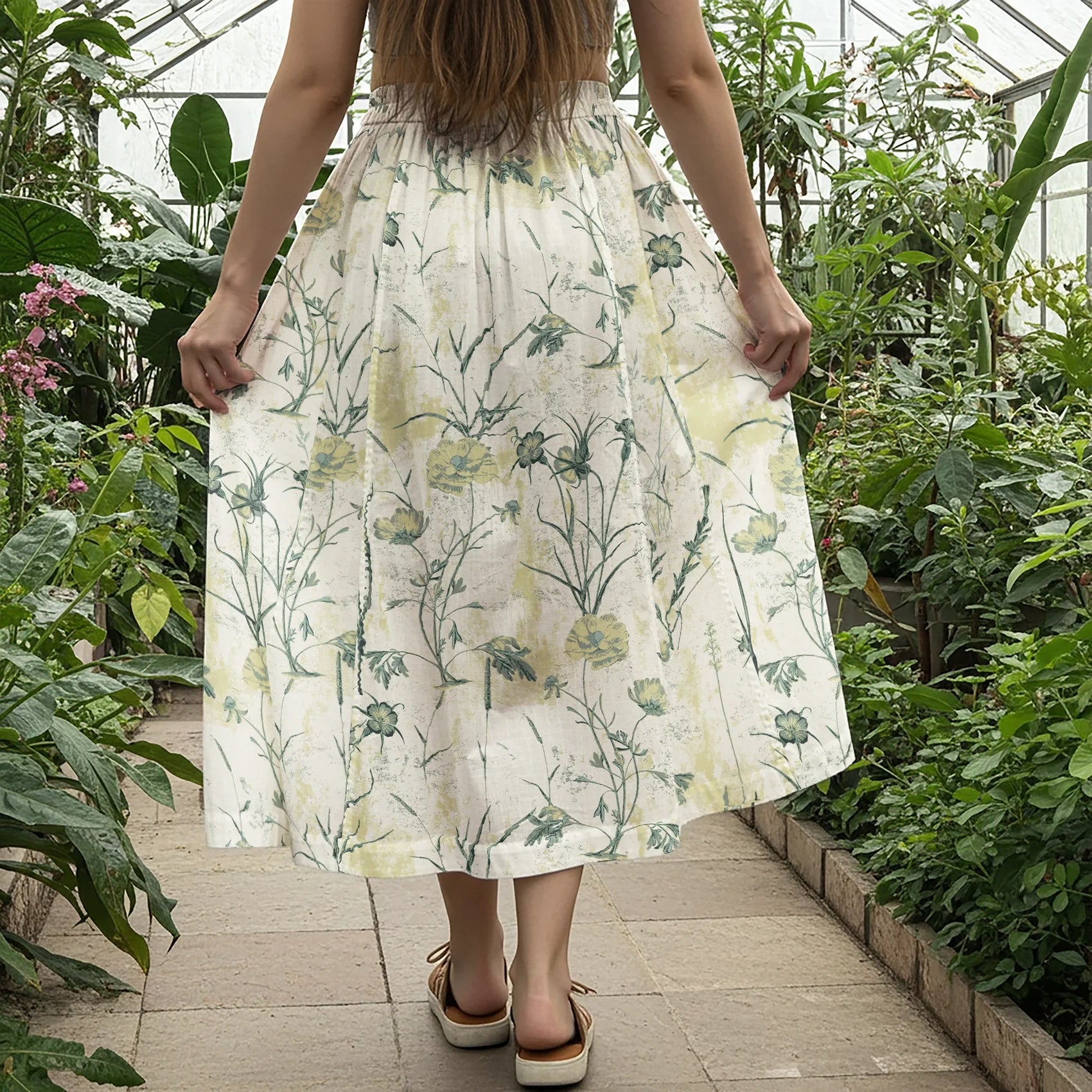 Women Casual Maxi Skirt Long Elastic Waist with Pockets 100% Cotton Green Aloha Natural And Simple Floral Designs