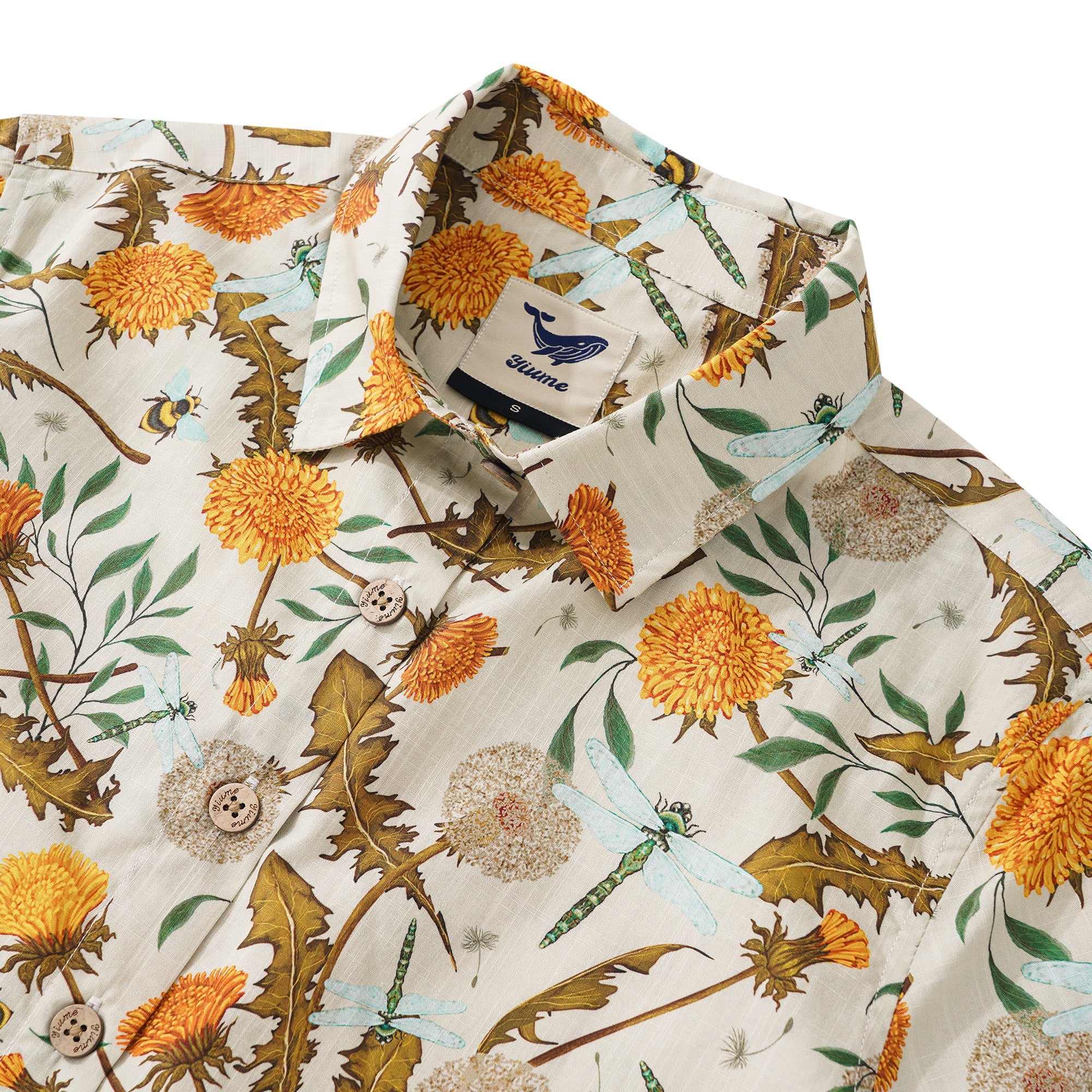 Women's Hawaiian Shirt Short Sleeve Button-up 100% Cotton Yellow Aloha Dandelions and Dragonflies By Silver Steer Design